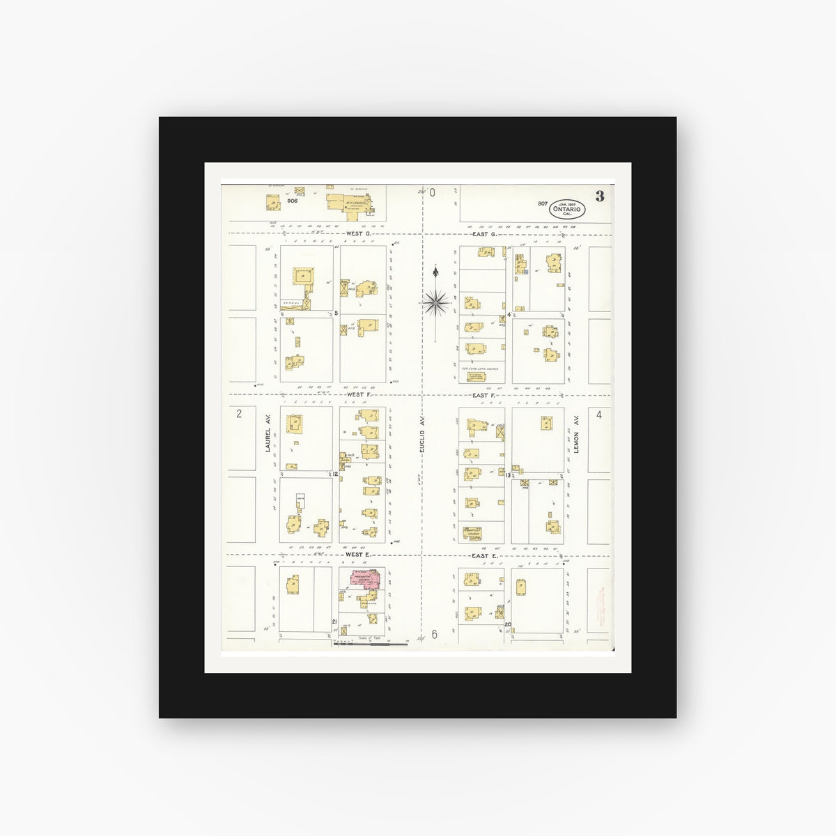 Old map wall art mockup — black gallery frame with white mat — Sanborn Fire Insurance Map from Ontario, San Bernardino County, California (1907), Sheet #0003
