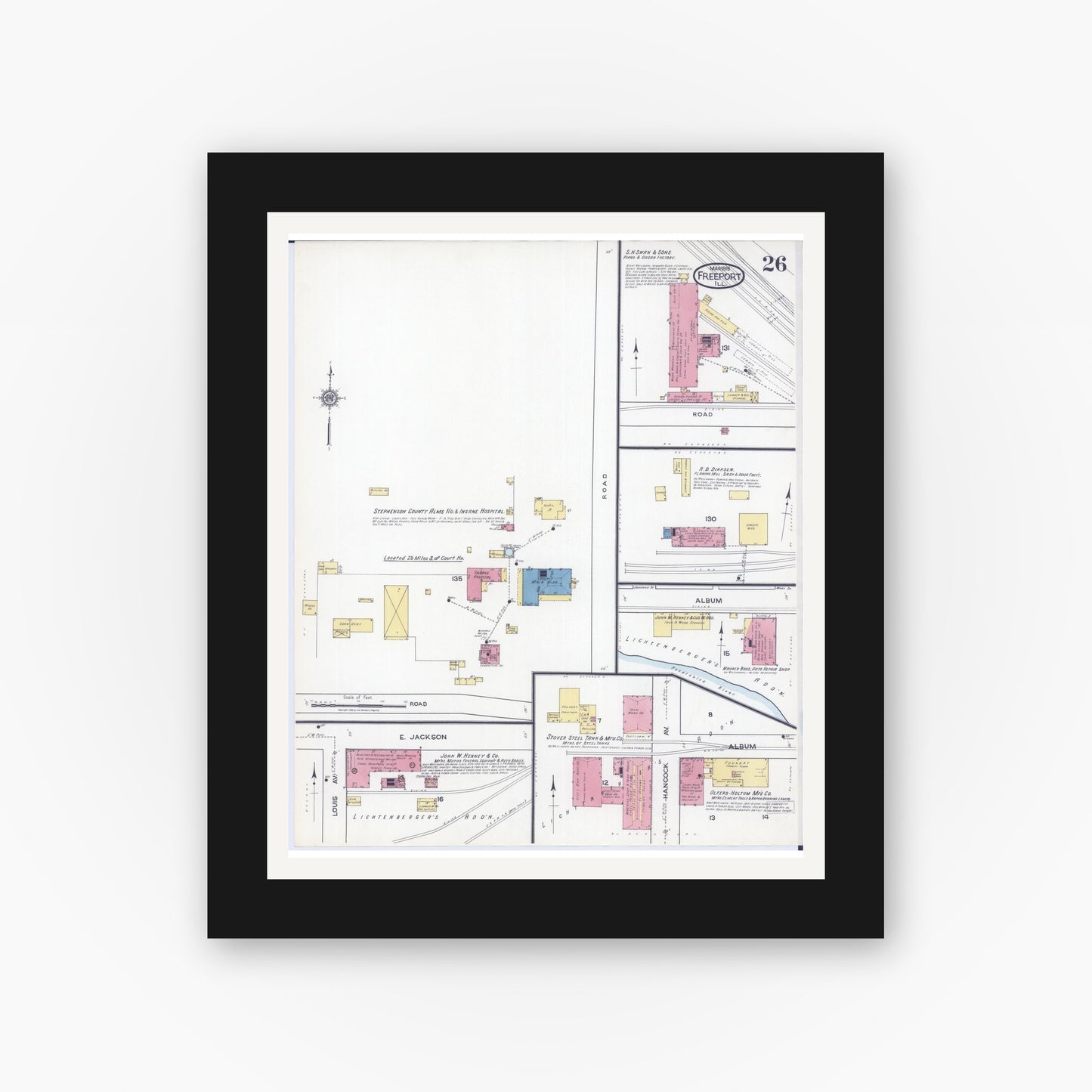 Old map wall art mockup — black gallery frame with white mat — Sanborn Fire Insurance Map from Freeport, Stephenson County, Illinois (1918), Sheet #0026