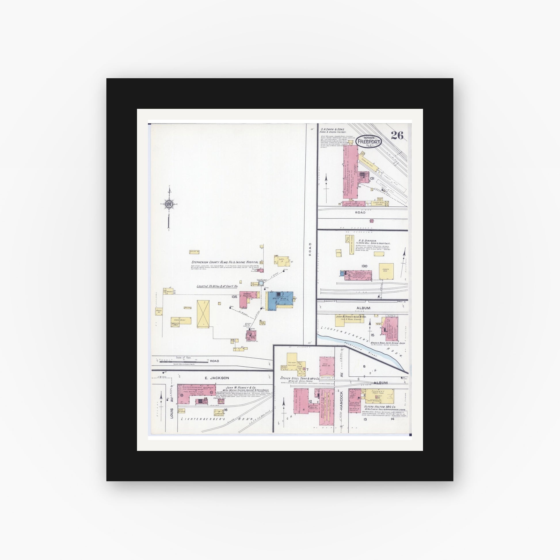 Old map wall art mockup — black gallery frame with white mat — Sanborn Fire Insurance Map from Freeport, Stephenson County, Illinois (1918), Sheet #0026