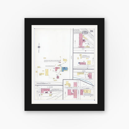 Old map wall art mockup — black gallery frame with white mat — Sanborn Fire Insurance Map from Freeport, Stephenson County, Illinois (1918), Sheet #0026