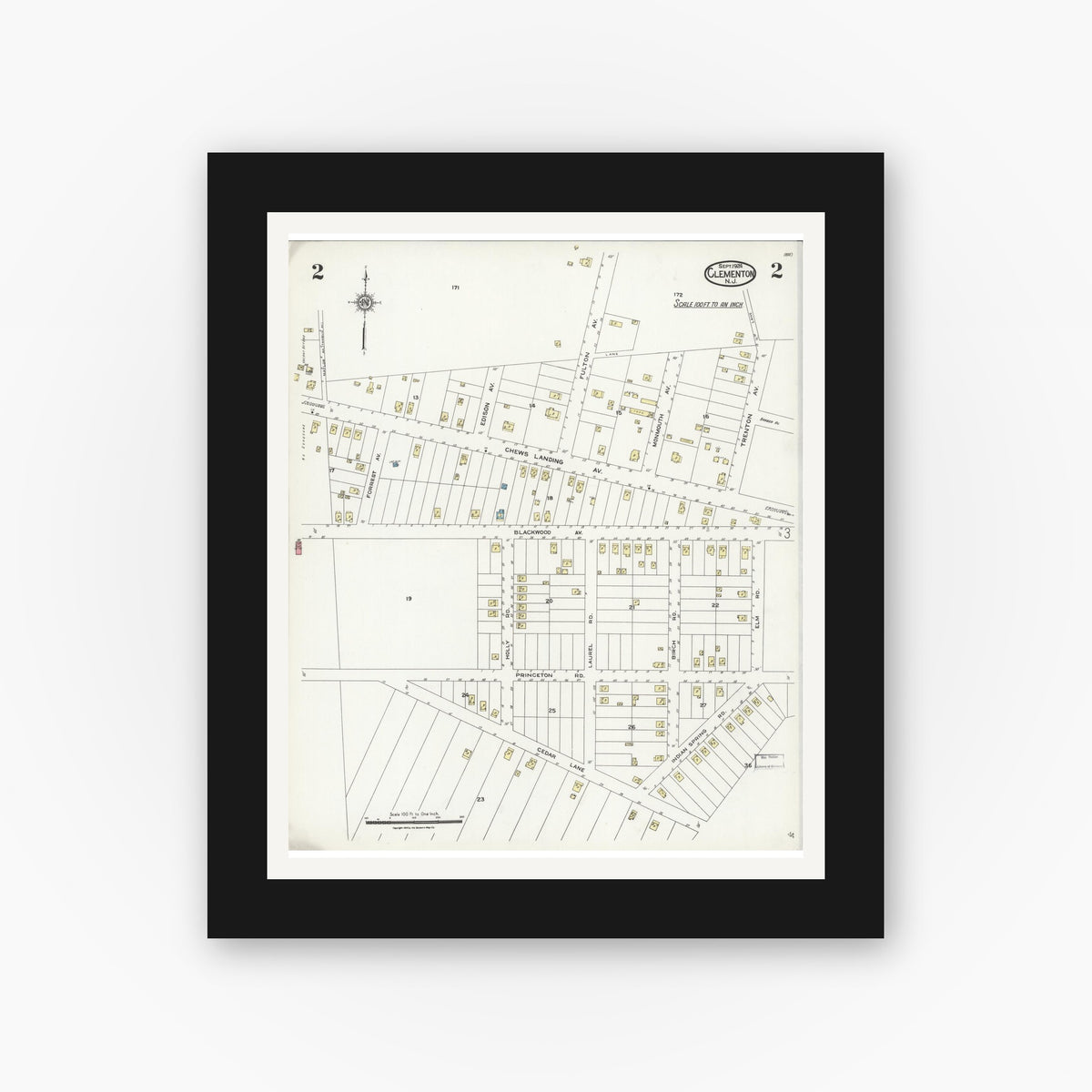 Old map wall art mockup — black gallery frame with white mat — Sanborn Fire Insurance Map from Clementon, Camden County, New Jersey (1924), Sheet #0002