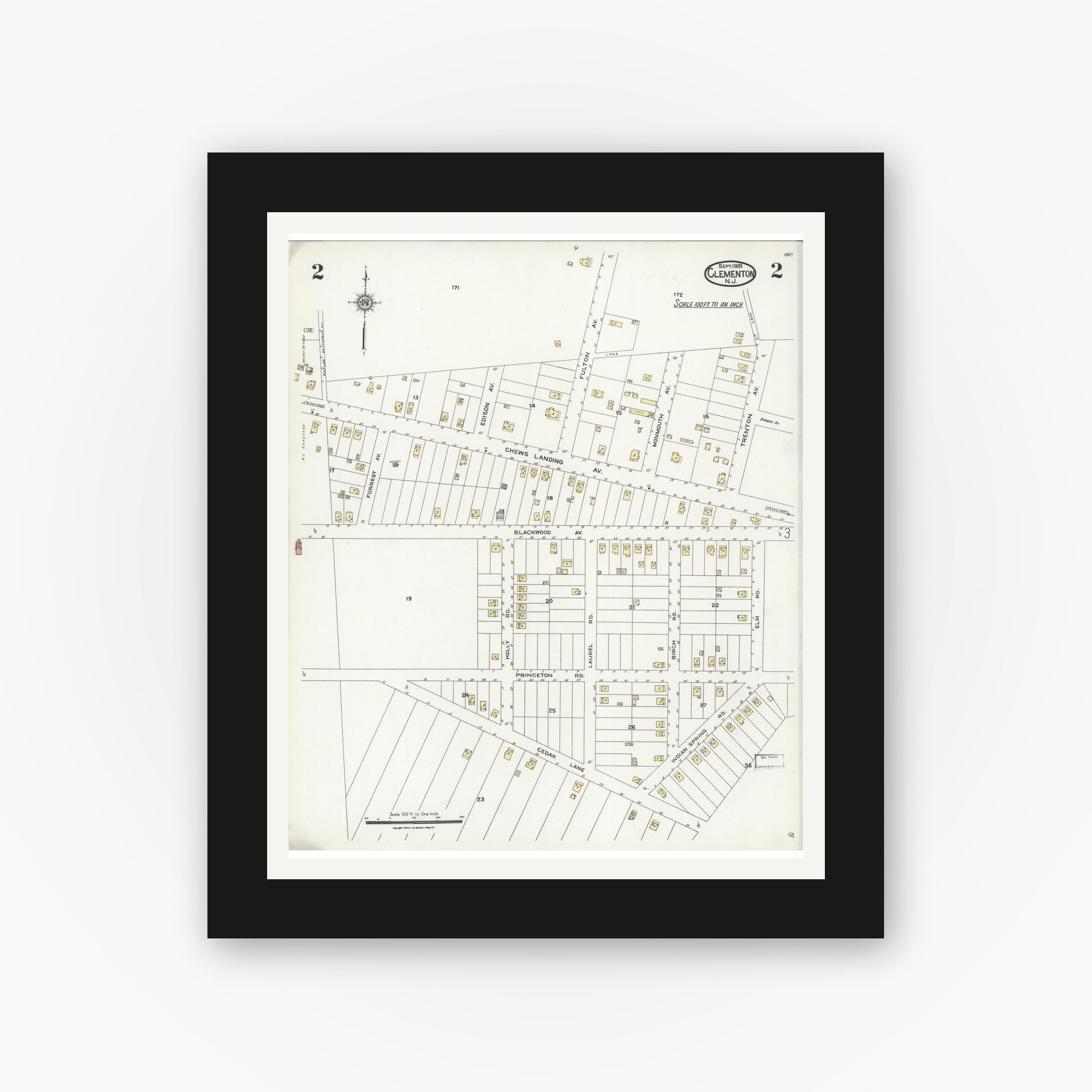 Old map wall art mockup — black gallery frame with white mat — Sanborn Fire Insurance Map from Clementon, Camden County, New Jersey (1924), Sheet #0002