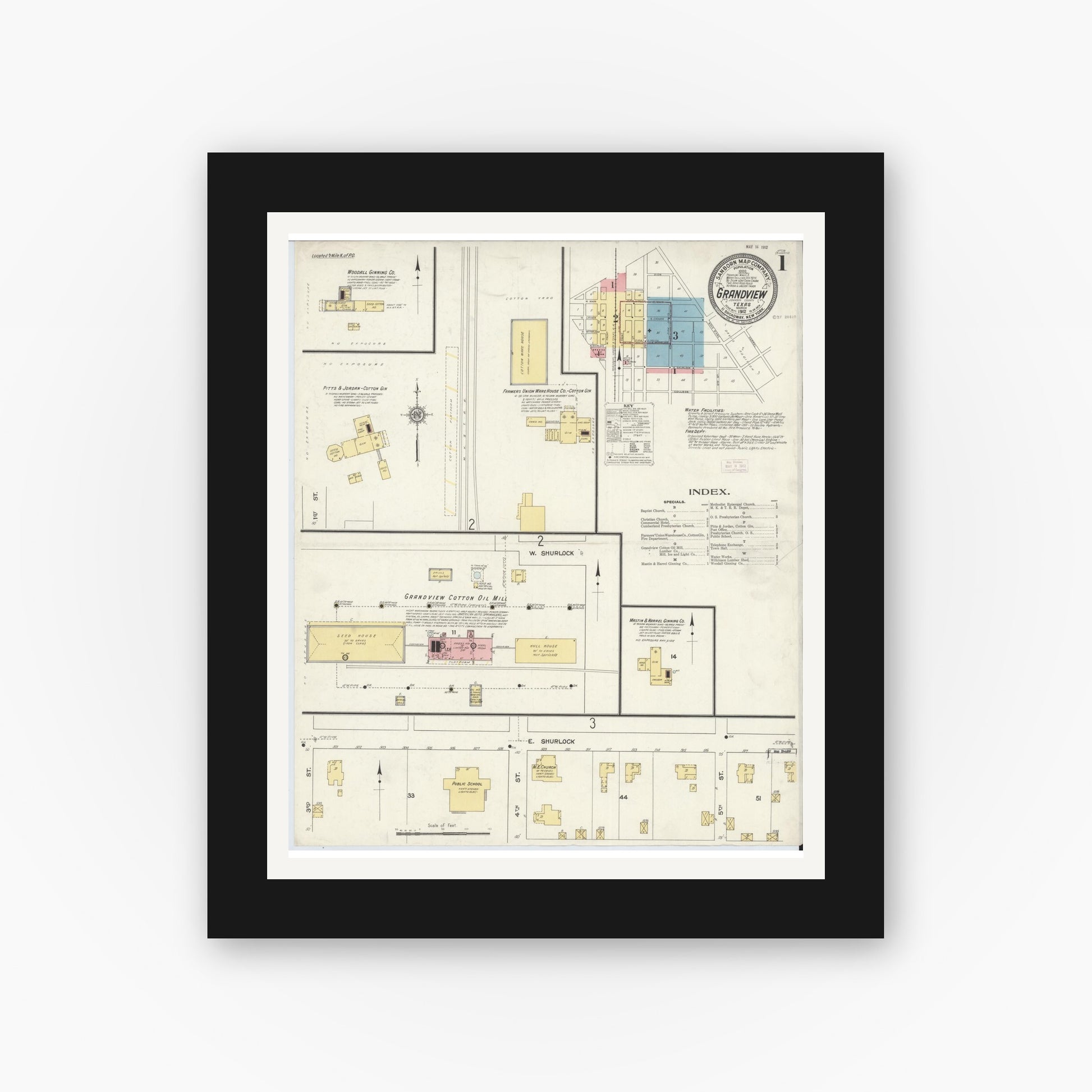 Old map wall art mockup — black gallery frame with white mat — Sanborn Fire Insurance Map from Grandview, Johnson County, Texas (1912), Sheet #0001