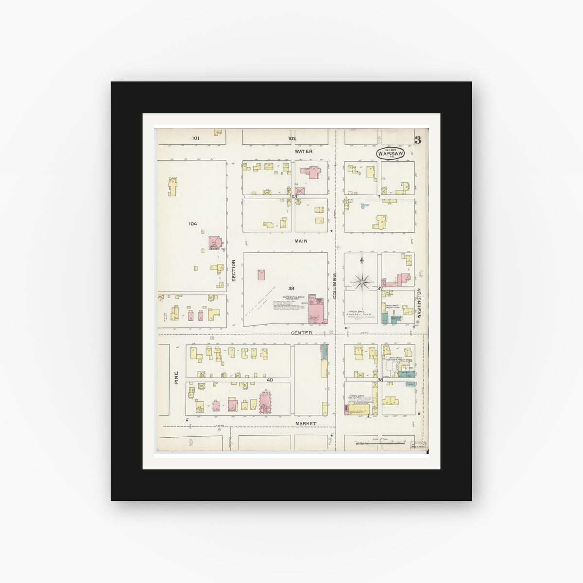 Old map wall art mockup — black gallery frame with white mat — Sanborn Fire Insurance Map from Warsaw, Kosciusko County, Indiana (1892), Sheet #0003
