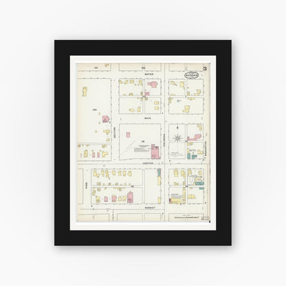 Old map wall art mockup — black gallery frame with white mat — Sanborn Fire Insurance Map from Warsaw, Kosciusko County, Indiana (1892), Sheet #0003
