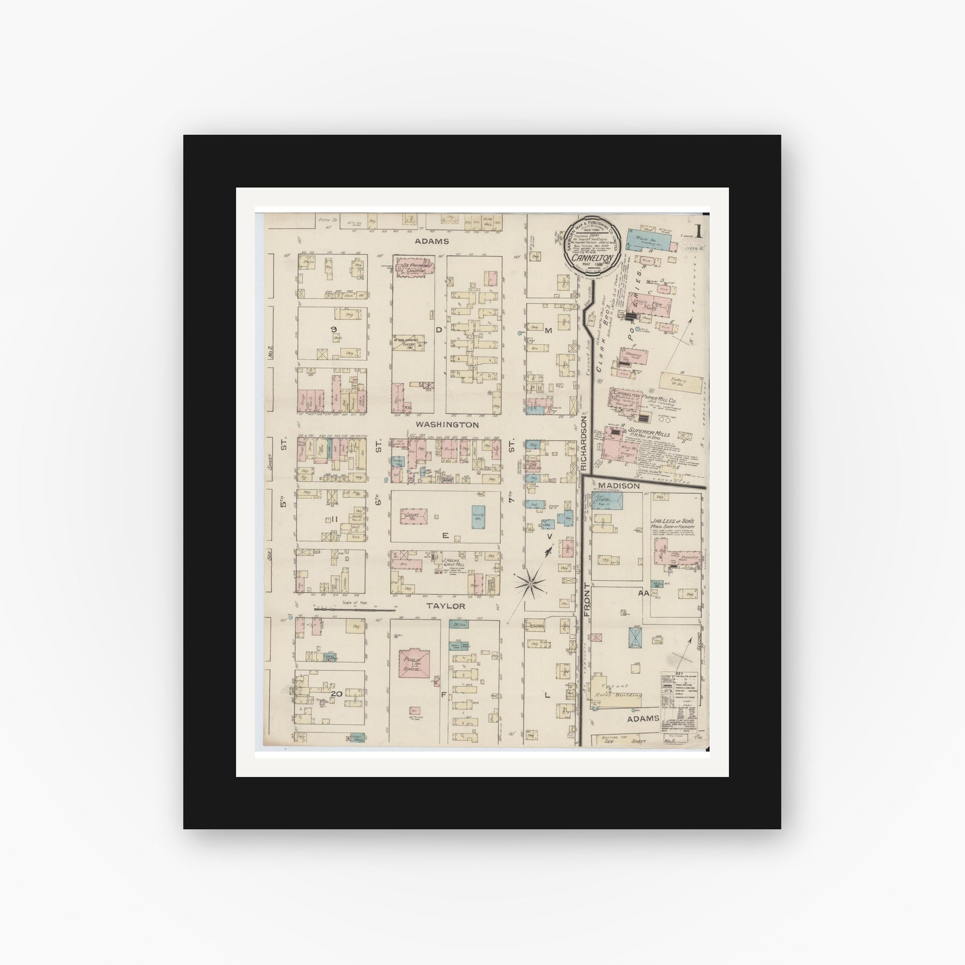 Old map wall art mockup — black gallery frame with white mat — Sanborn Fire Insurance Map from Cannelton, Perry County, Indiana (1886) - Complete Map Set