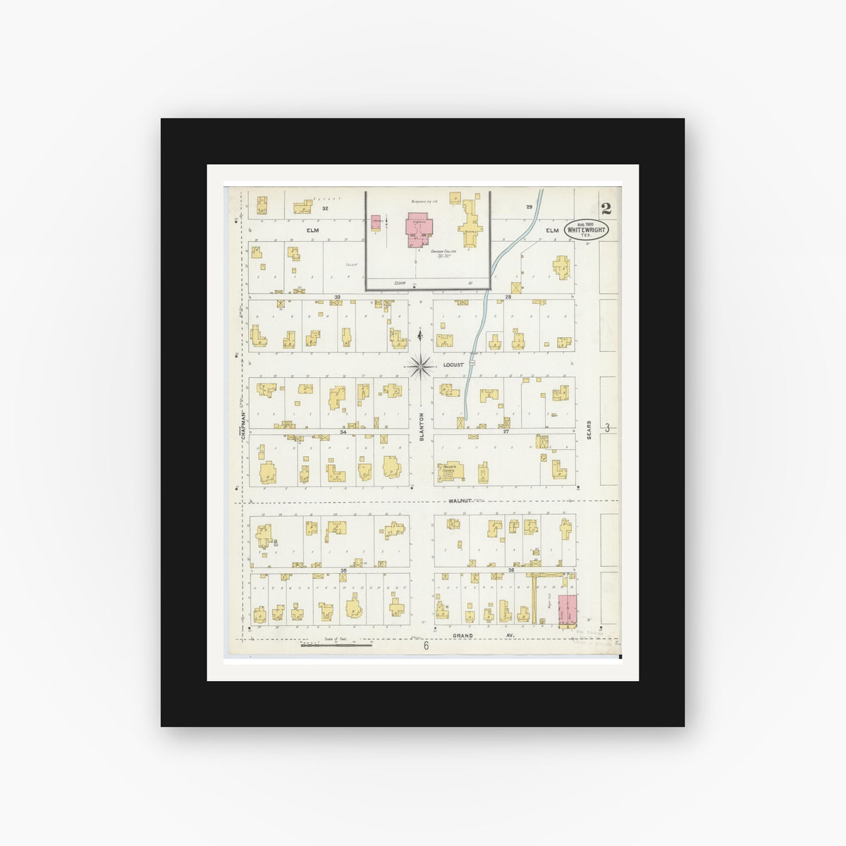 Old map wall art mockup — black gallery frame with white mat — Sanborn Fire Insurance Map from Whitewright, Grayson County, Texas (1905), Sheet #0002