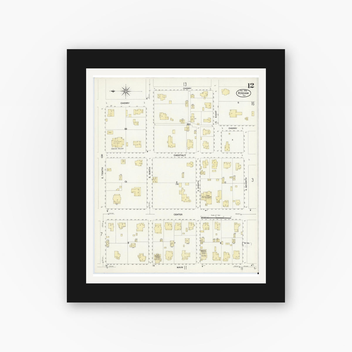 Old map wall art mockup — black gallery frame with white mat — Sanborn Fire Insurance Map from Bonham, Fannin County, Texas (1909), Sheet #0012