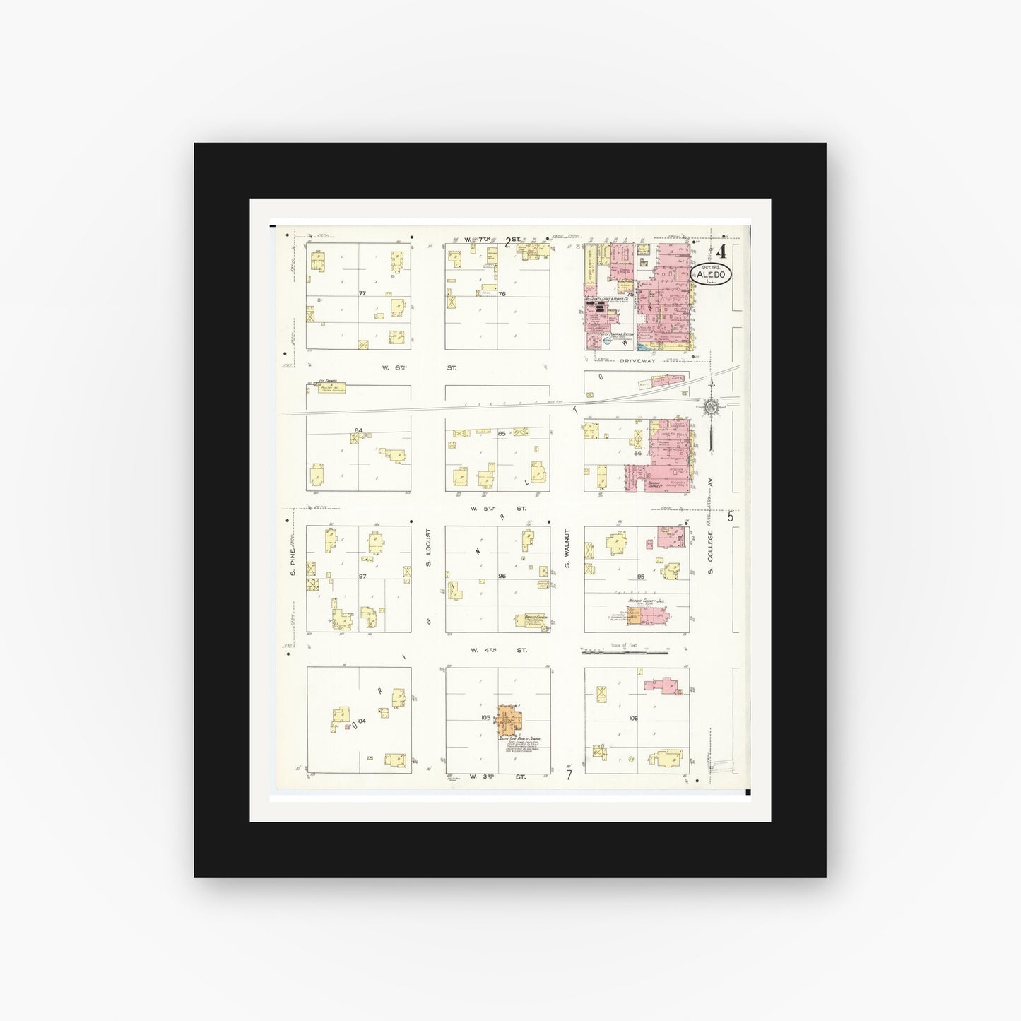 Old map wall art mockup — black gallery frame with white mat — Sanborn Fire Insurance Map from Aledo, Mercer County, Illinois (1913), Sheet #0004