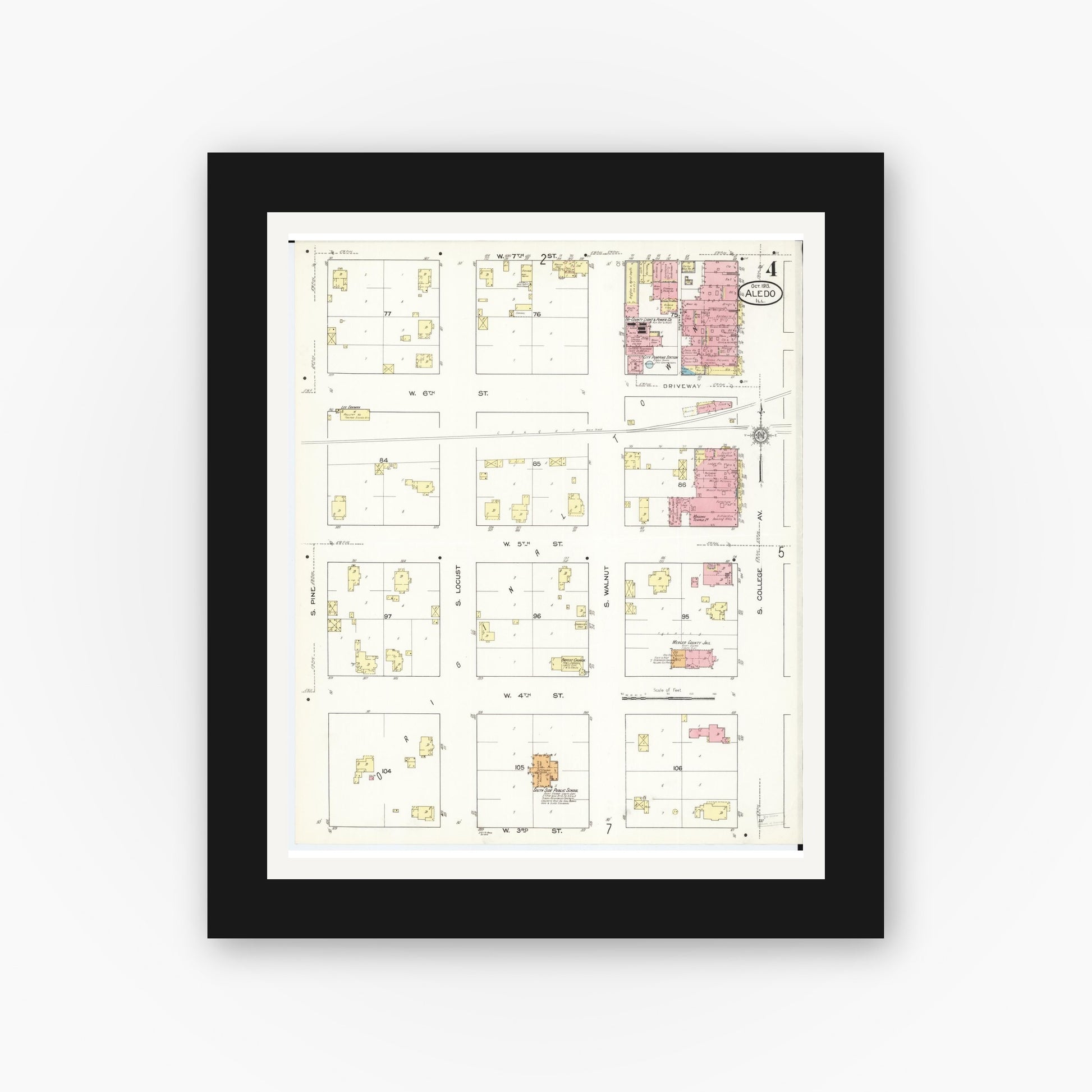 Old map wall art mockup — black gallery frame with white mat — Sanborn Fire Insurance Map from Aledo, Mercer County, Illinois (1913), Sheet #0004