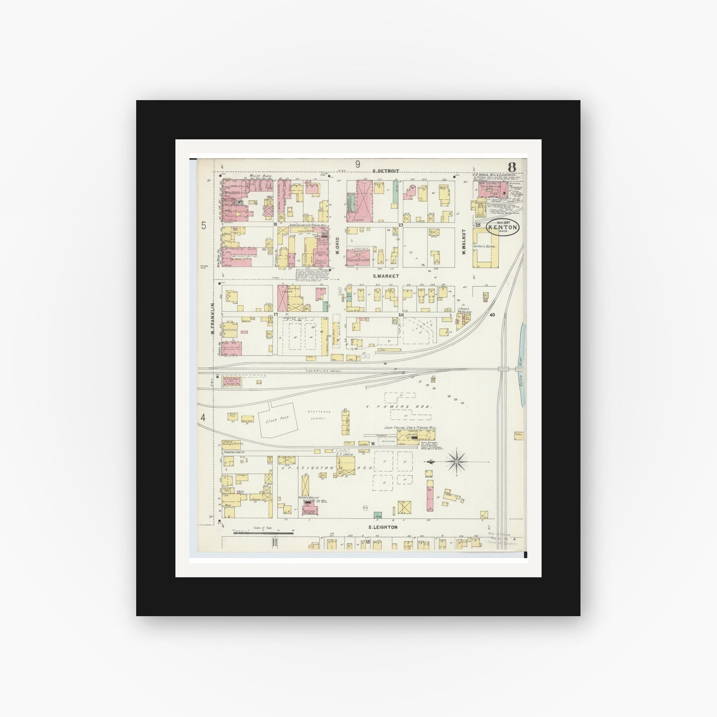 Old map wall art mockup — black gallery frame with white mat — Sanborn Fire Insurance Map from Kenton, Hardin County, Ohio (1897), Sheet #0008