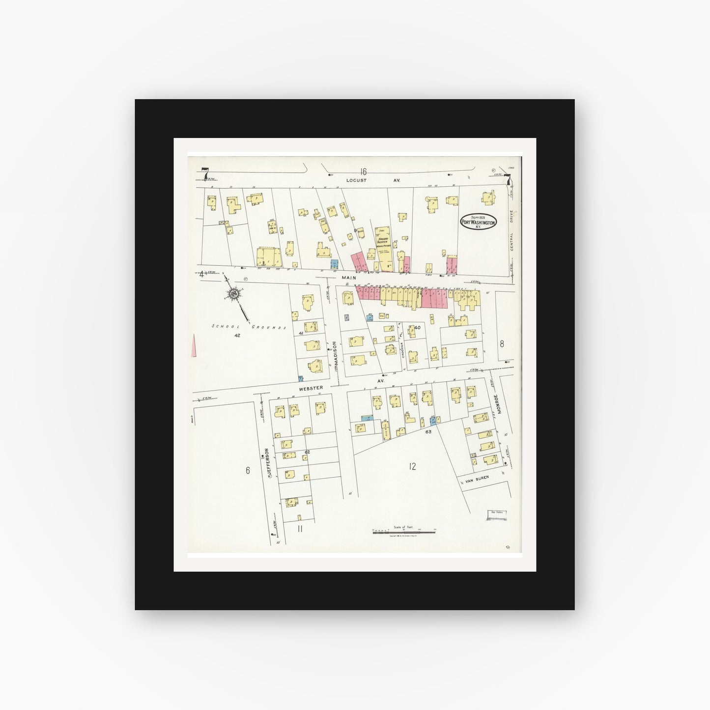 Old map wall art mockup — black gallery frame with white mat — Sanborn Fire Insurance Map from Port Washington, Nassau County, New York (1925), Sheet #0007