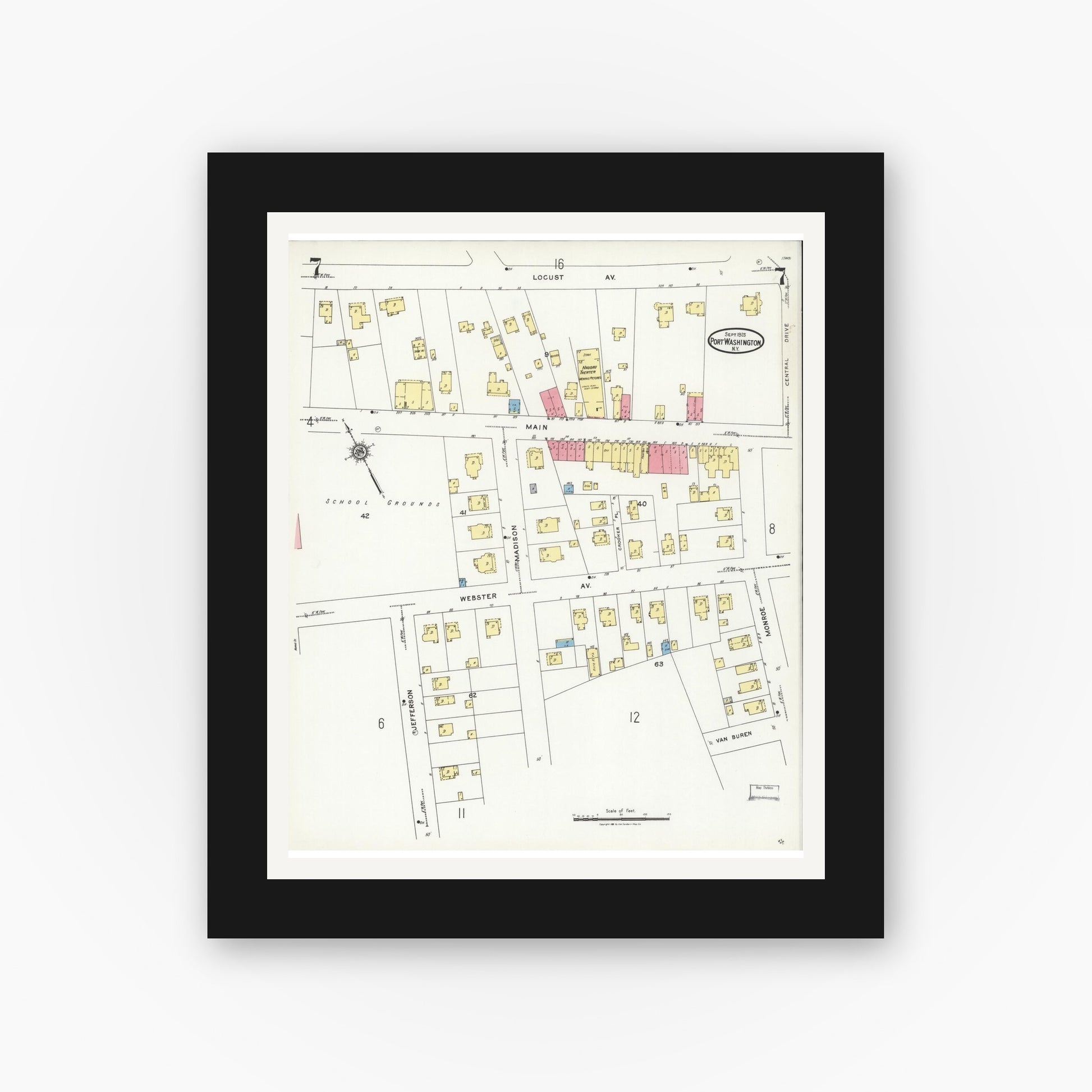 Old map wall art mockup — black gallery frame with white mat — Sanborn Fire Insurance Map from Port Washington, Nassau County, New York (1925), Sheet #0007