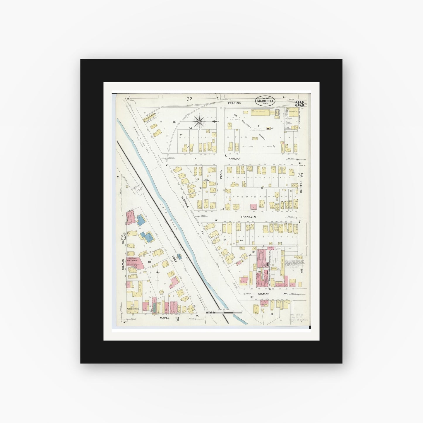 Old map wall art mockup — black gallery frame with white mat — Sanborn Fire Insurance Map from Marietta, Washington County, Ohio (1907), Sheet #0033