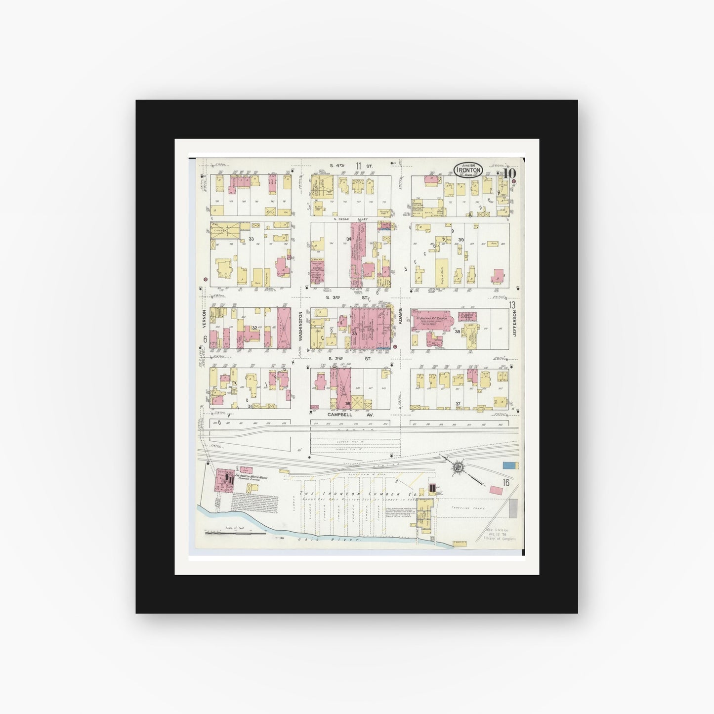 Old map wall art mockup — black gallery frame with white mat — Sanborn Fire Insurance Map from Ironton, Lawrence County, Ohio (1916), Sheet #0010