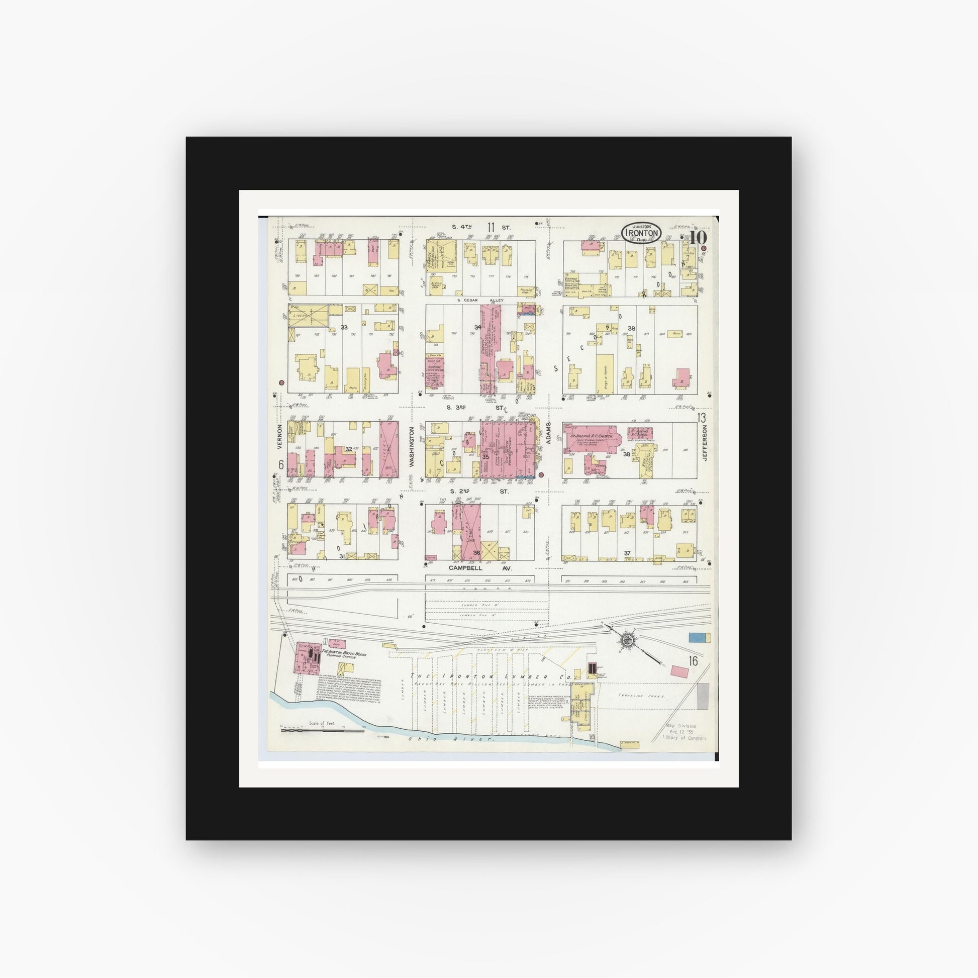 Old map wall art mockup — black gallery frame with white mat — Sanborn Fire Insurance Map from Ironton, Lawrence County, Ohio (1916), Sheet #0010