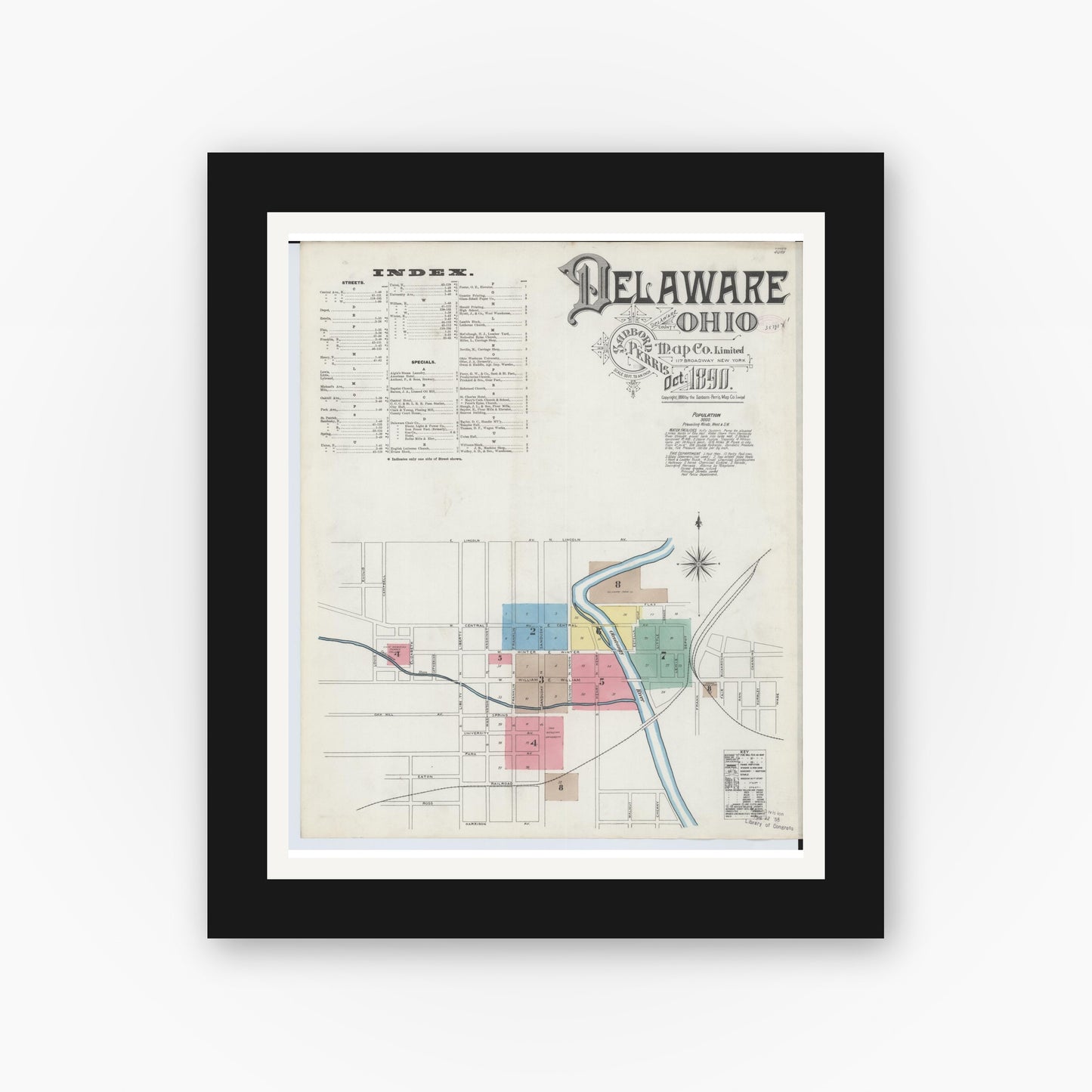 Old map wall art mockup — black gallery frame with white mat — Sanborn Fire Insurance Map from Delaware, Delaware County, Ohio (1890) - Complete Map Set
