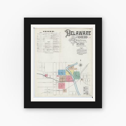 Old map wall art mockup — black gallery frame with white mat — Sanborn Fire Insurance Map from Delaware, Delaware County, Ohio (1890) - Complete Map Set