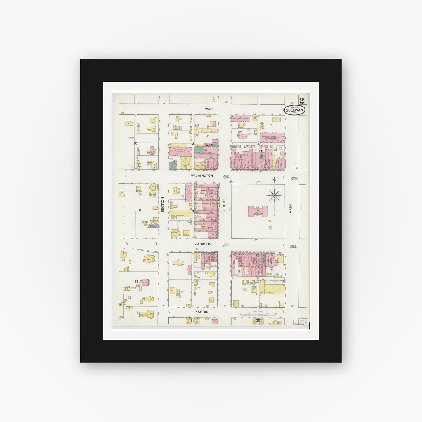 Old map wall art mockup — black gallery frame with white mat — Sanborn Fire Insurance Map from Sullivan, Sullivan County, Indiana (1892), Sheet #0002