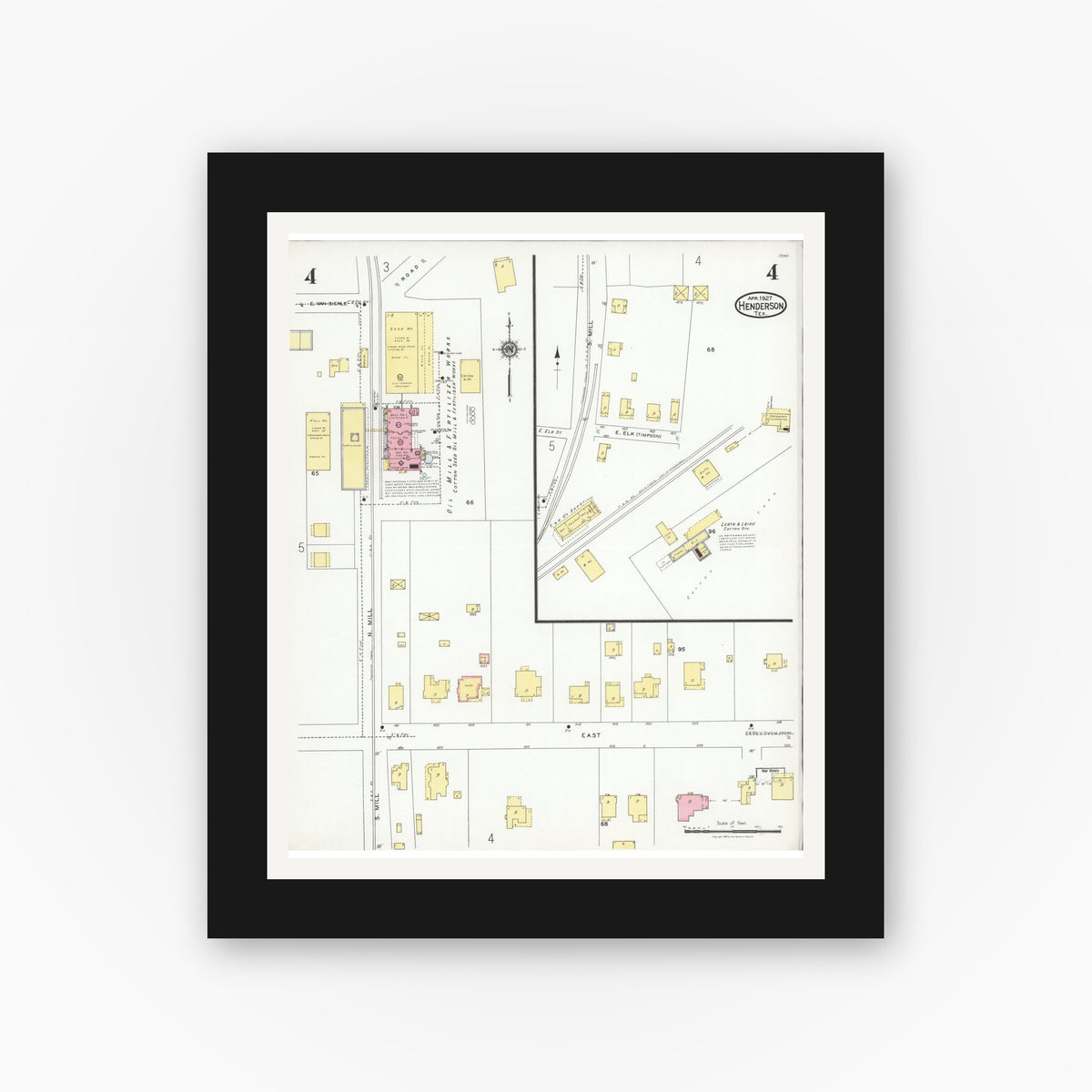 Old map wall art mockup — black gallery frame with white mat — Sanborn Fire Insurance Map from Henderson, Rusk County, Texas (1927), Sheet #0004