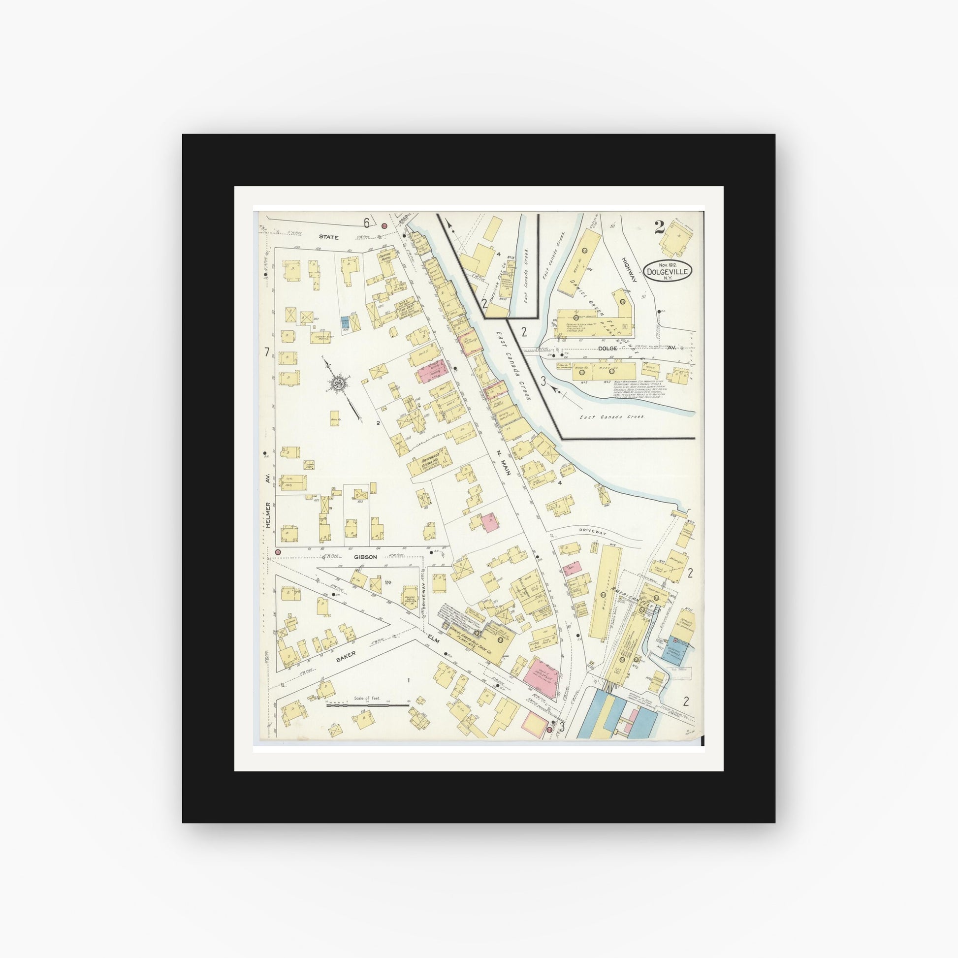 Old map wall art mockup — black gallery frame with white mat — Sanborn Fire Insurance Map from Dolgeville, Hirkimer County, New York (1912), Sheet #0002