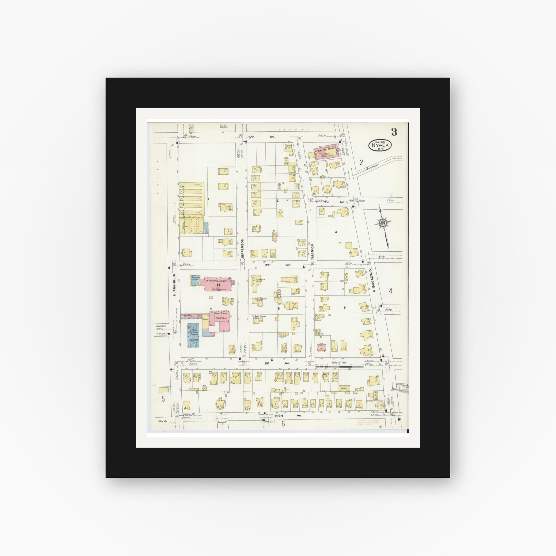 Old map wall art mockup — black gallery frame with white mat — Sanborn Fire Insurance Map from Nyack, Rockland County, New York. (1910), Sheet #0003