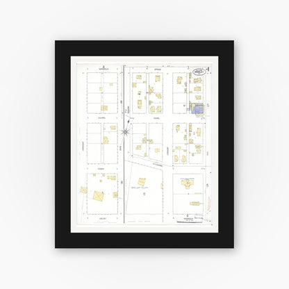 Old map wall art mockup — black gallery frame with white mat — Sanborn Fire Insurance Map from Gridley, Butte County, California (1909), Sheet #0003