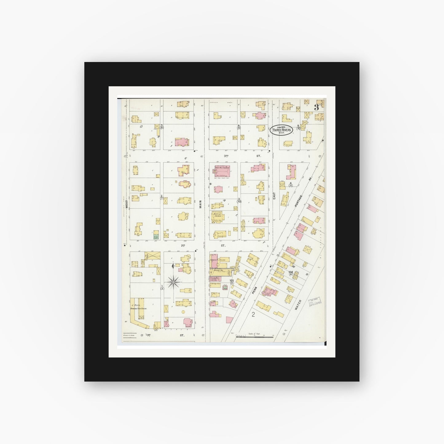 Old map wall art mockup — black gallery frame with white mat — Sanborn Fire Insurance Map from Three Rivers, Saint Joseph County, Michigan (1899), Sheet #0003