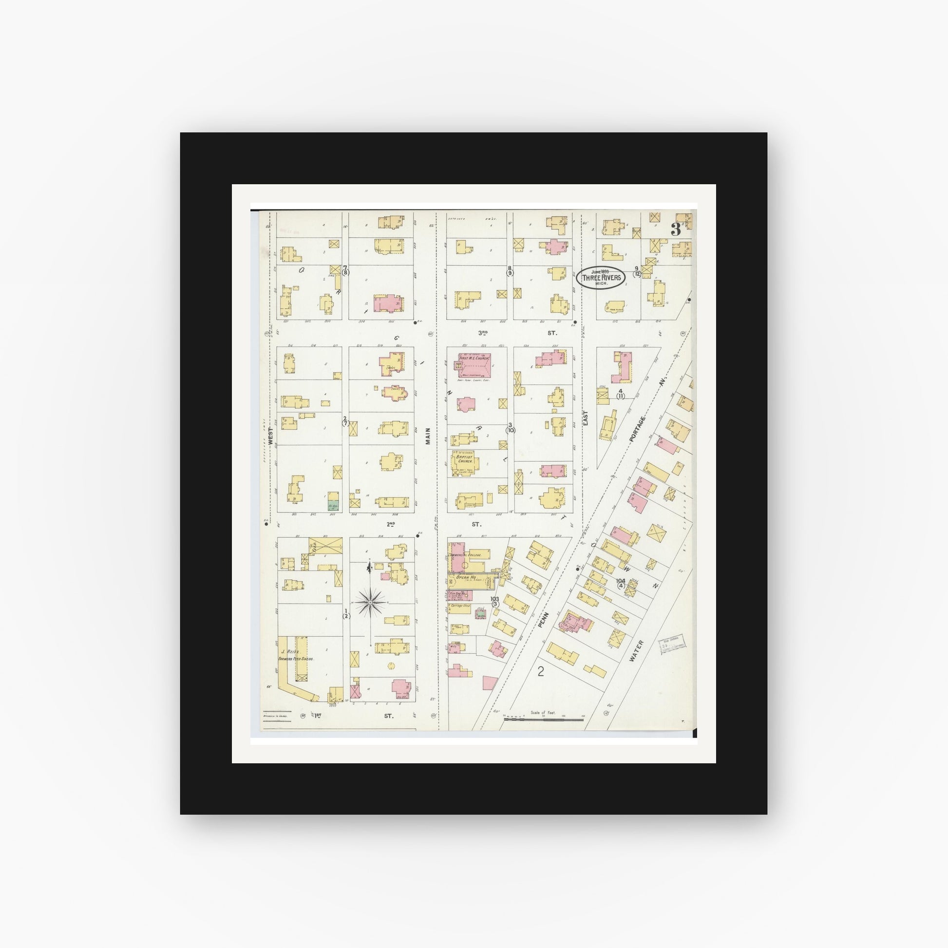 Old map wall art mockup — black gallery frame with white mat — Sanborn Fire Insurance Map from Three Rivers, Saint Joseph County, Michigan (1899), Sheet #0003
