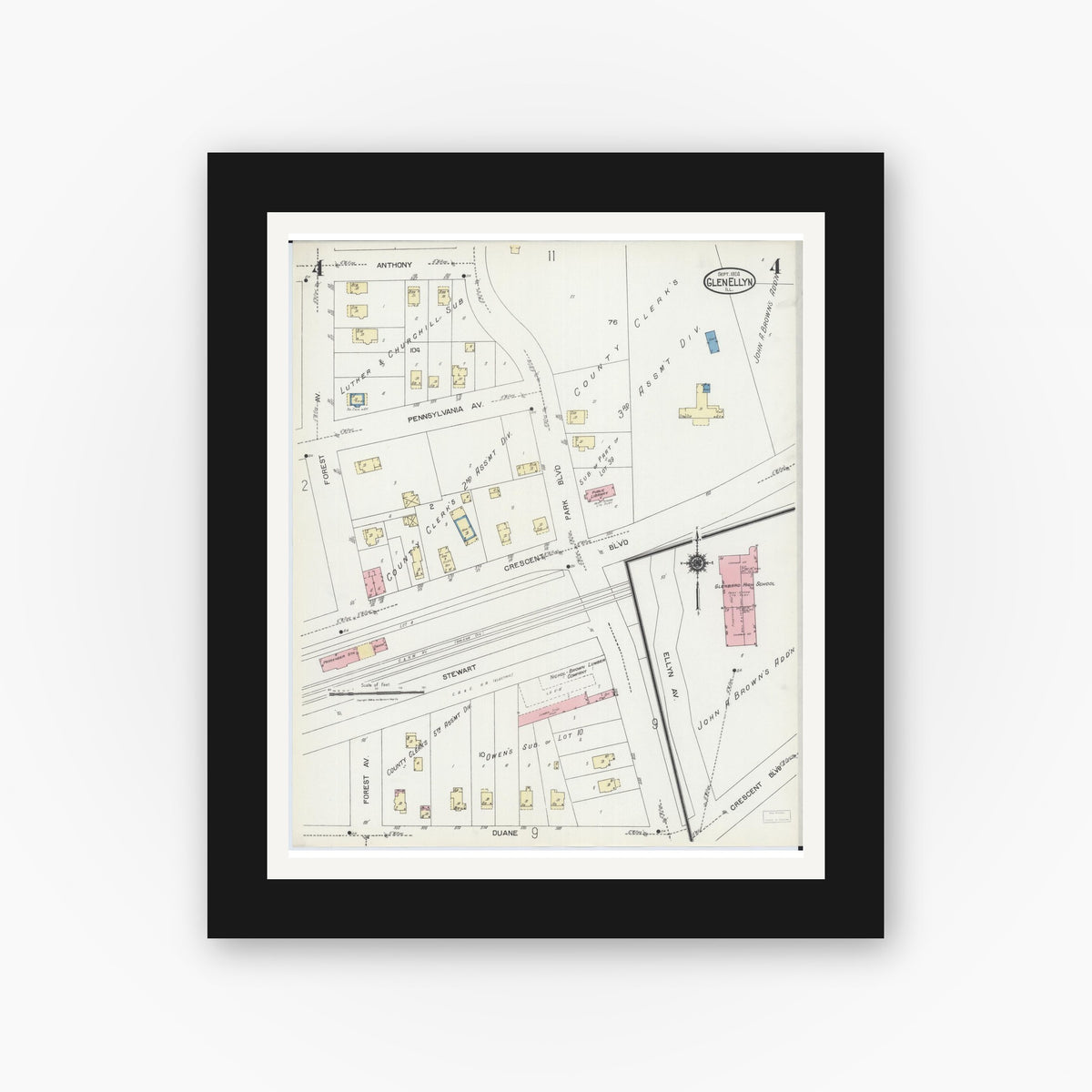 Old map wall art mockup — black gallery frame with white mat — Sanborn Fire Insurance Map from Glen Ellyn, Du Page County, Illinois (1924), Sheet #0004