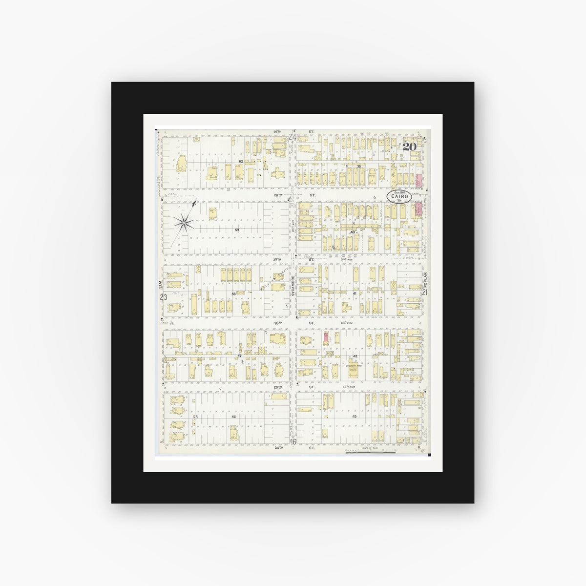 Old map wall art mockup — black gallery frame with white mat — Sanborn Fire Insurance Map from Cairo, Alexander County, Illinois (1907), Sheet #0020