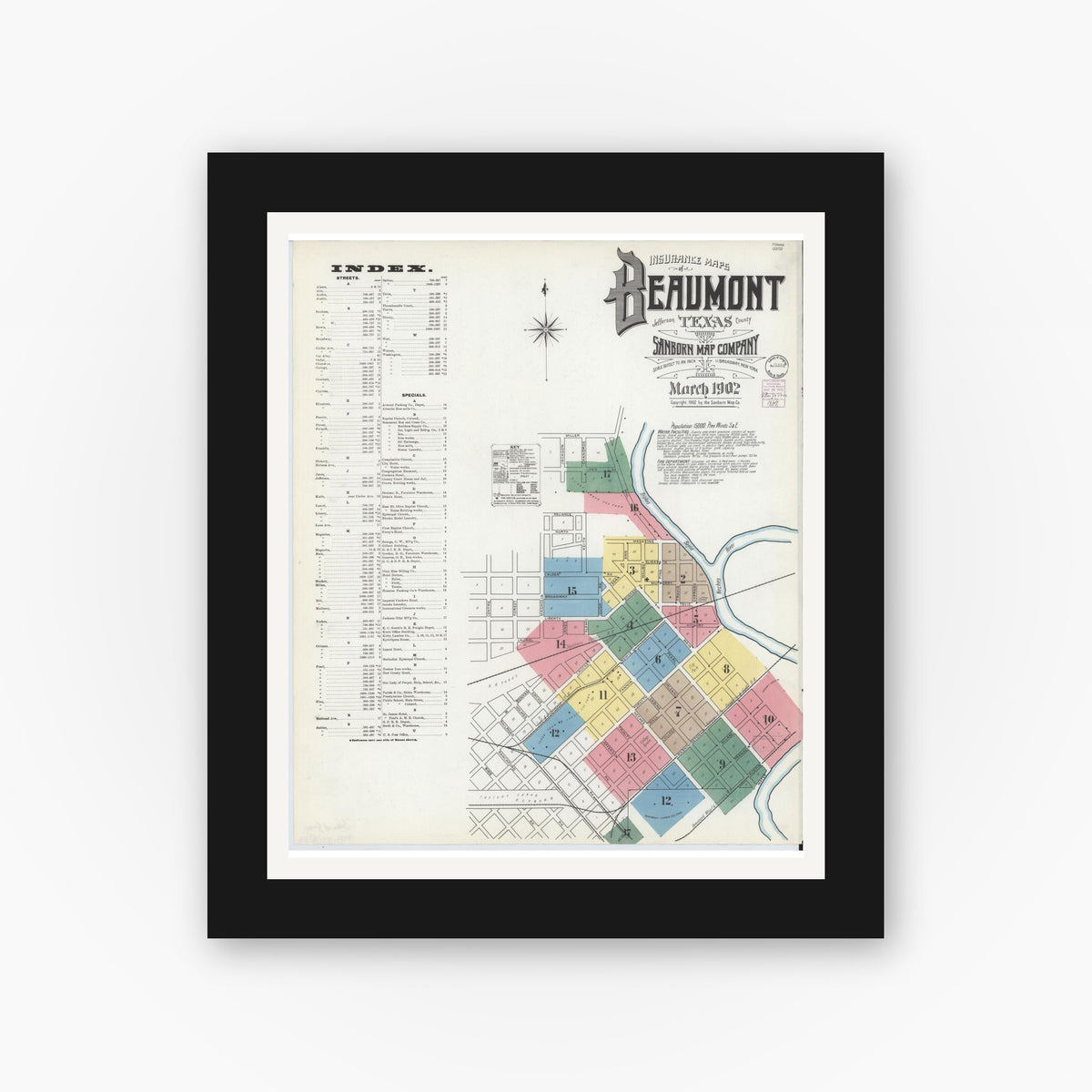 Old map wall art mockup — black gallery frame with white mat — Sanborn Fire Insurance Map from Beaumont, Jefferson County, Texas (1902) - Complete Map Set