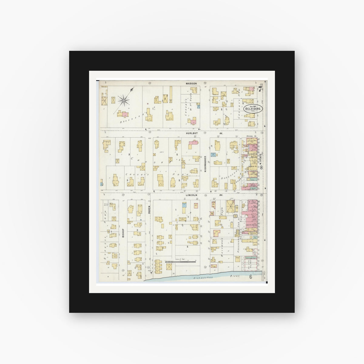 Old map wall art mockup — black gallery frame with white mat — Sanborn Fire Insurance Map from Belvidere, Boone County, Illinois (1897), Sheet #0007