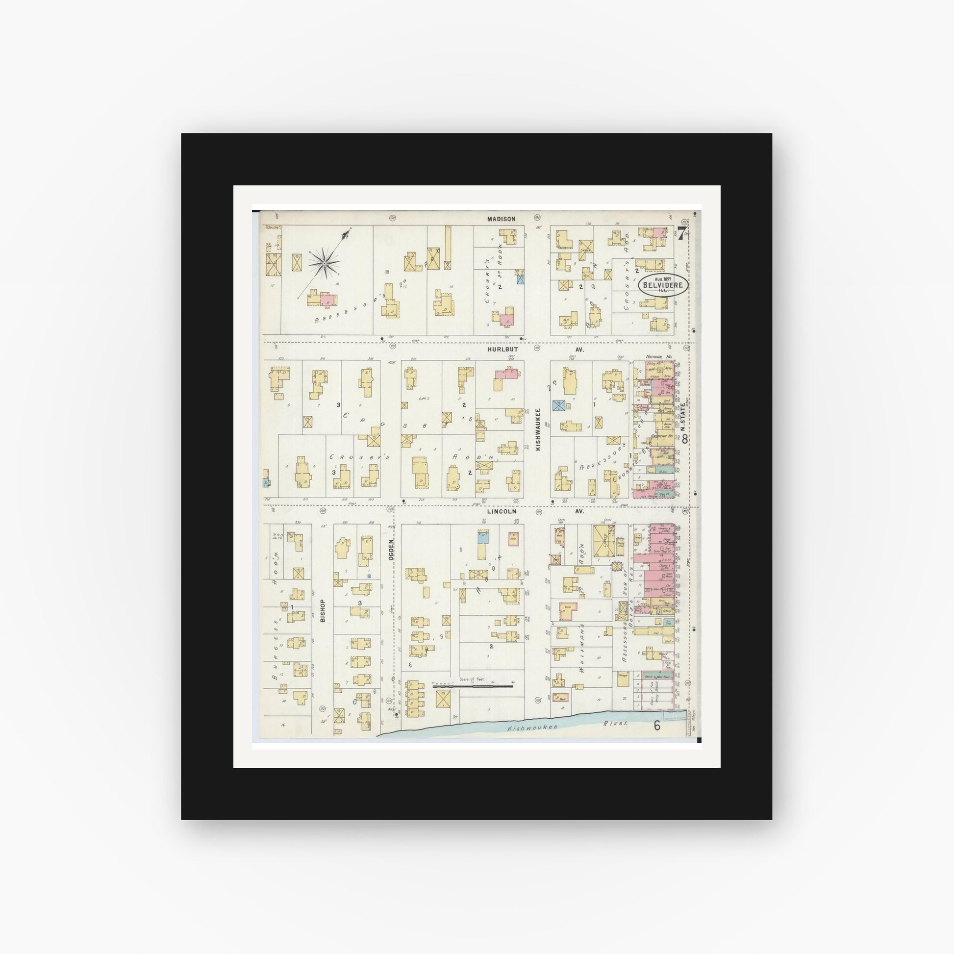 Old map wall art mockup — black gallery frame with white mat — Sanborn Fire Insurance Map from Belvidere, Boone County, Illinois (1897), Sheet #0007