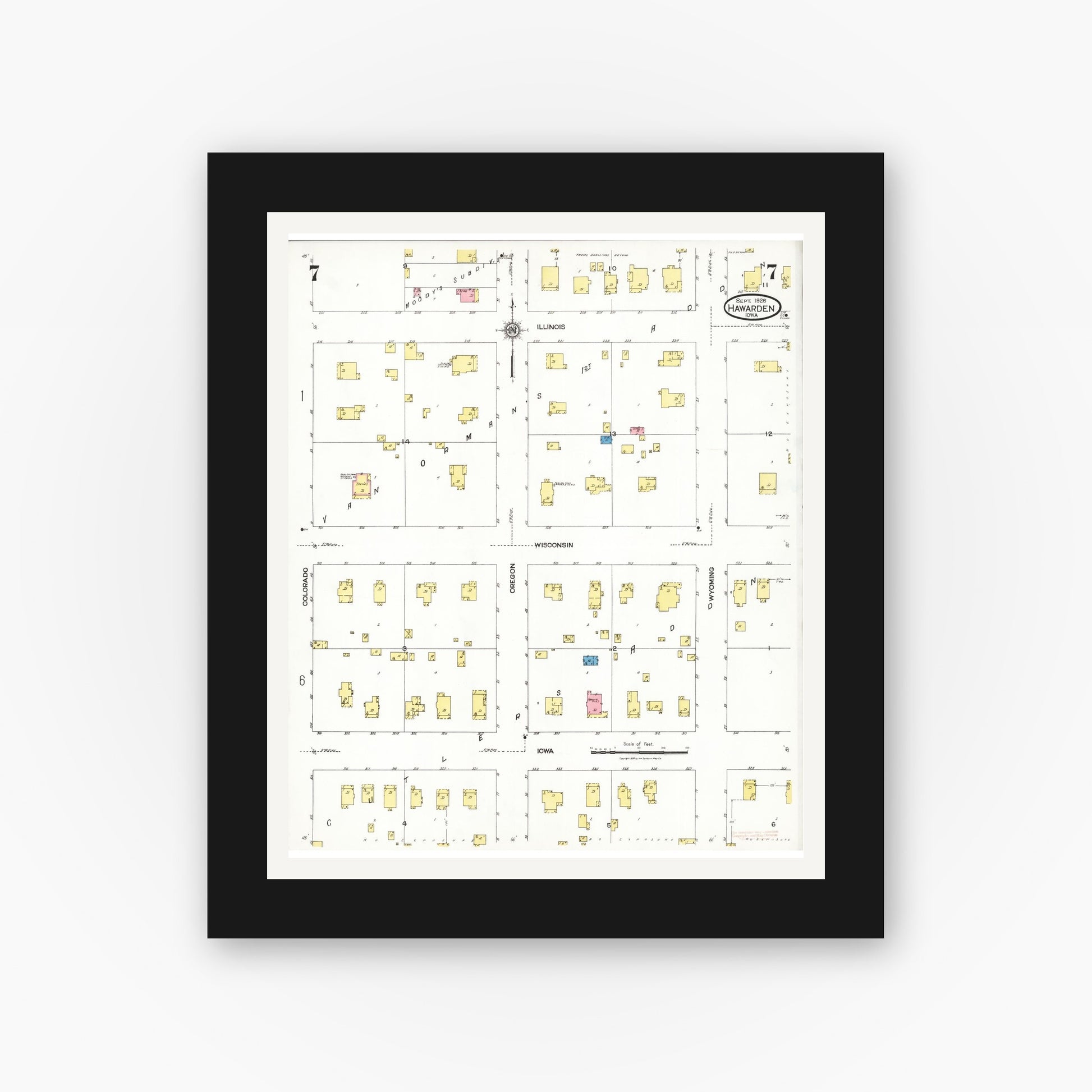 Old map wall art mockup — black gallery frame with white mat — Sanborn Fire Insurance Map from Hawarden, Sioux County, Iowa (1924), Sheet #0007