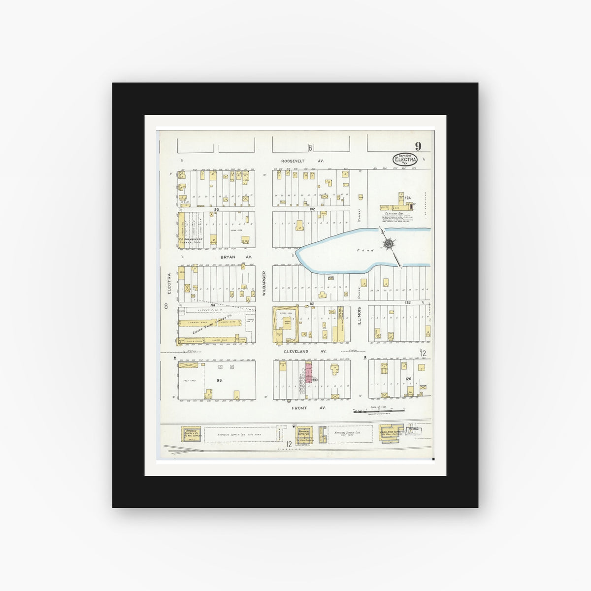 Old map wall art mockup — black gallery frame with white mat — Sanborn Fire Insurance Map from Electra, Wichita County, Texas (1919), Sheet #0009