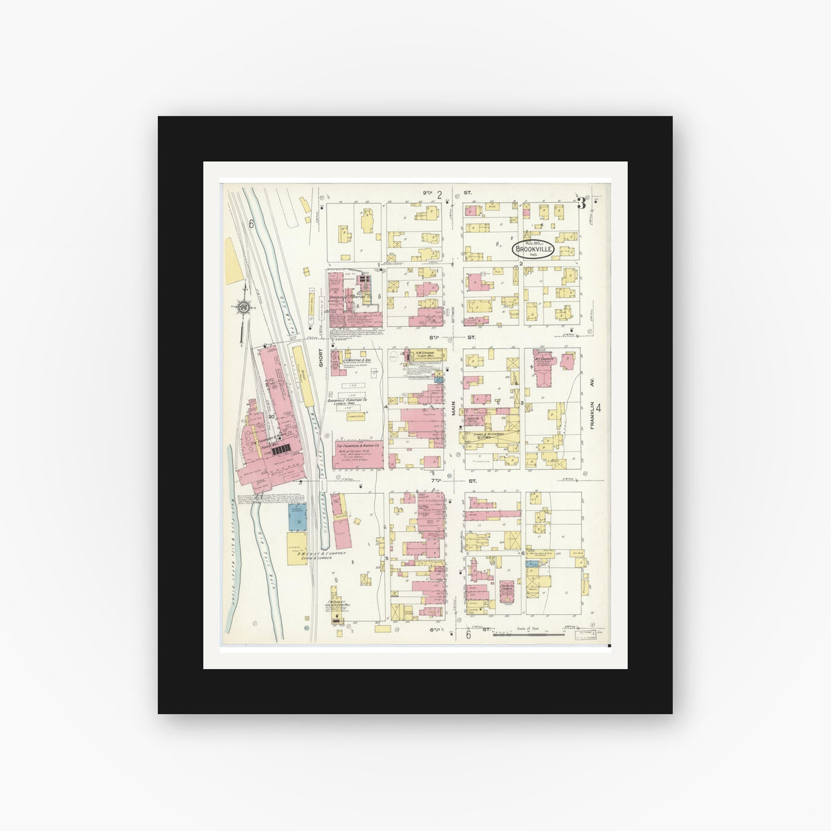 Old map wall art mockup — black gallery frame with white mat — Sanborn Fire Insurance Map from Brookville, Franklin County, Indiana (1913), Sheet #0003