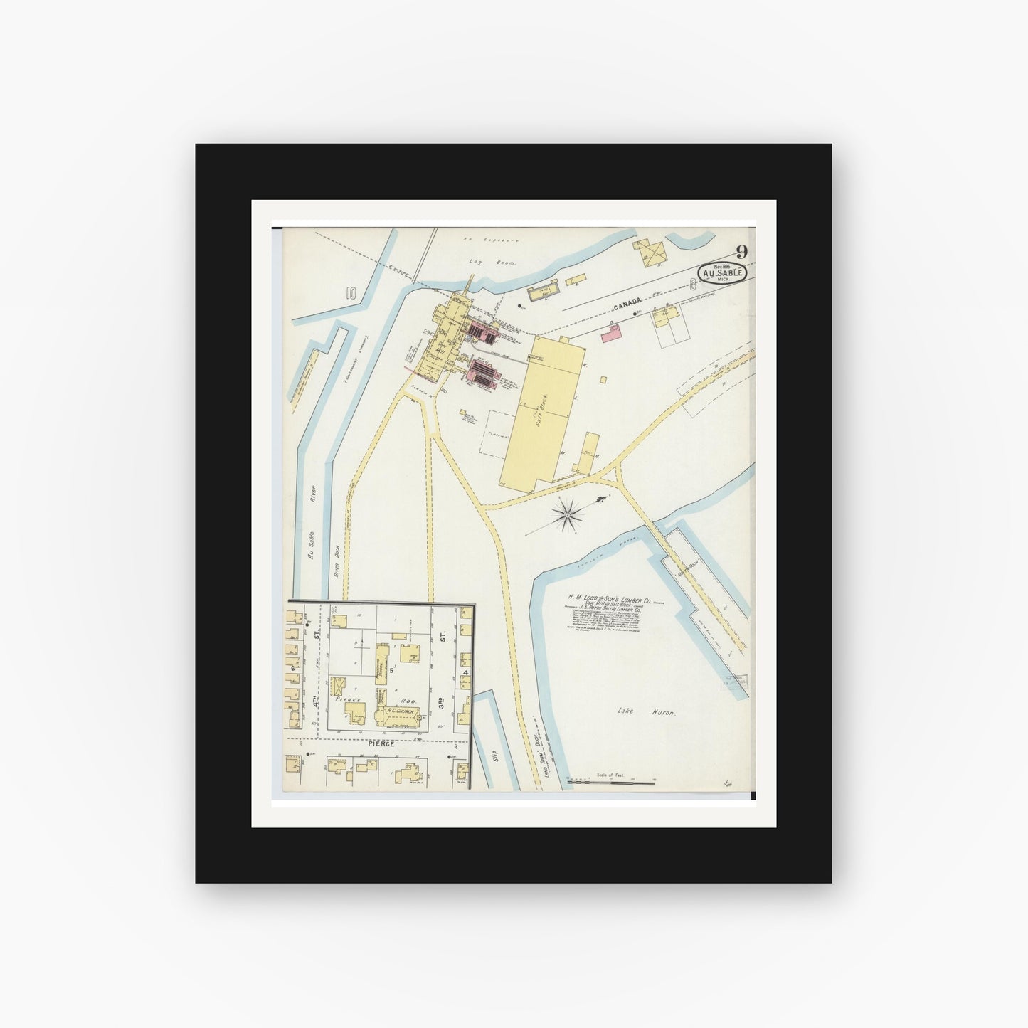 Old map wall art mockup — black gallery frame with white mat — Sanborn Fire Insurance Map from Oscoda, Iosco County, Michigan (1895), Sheet #0009