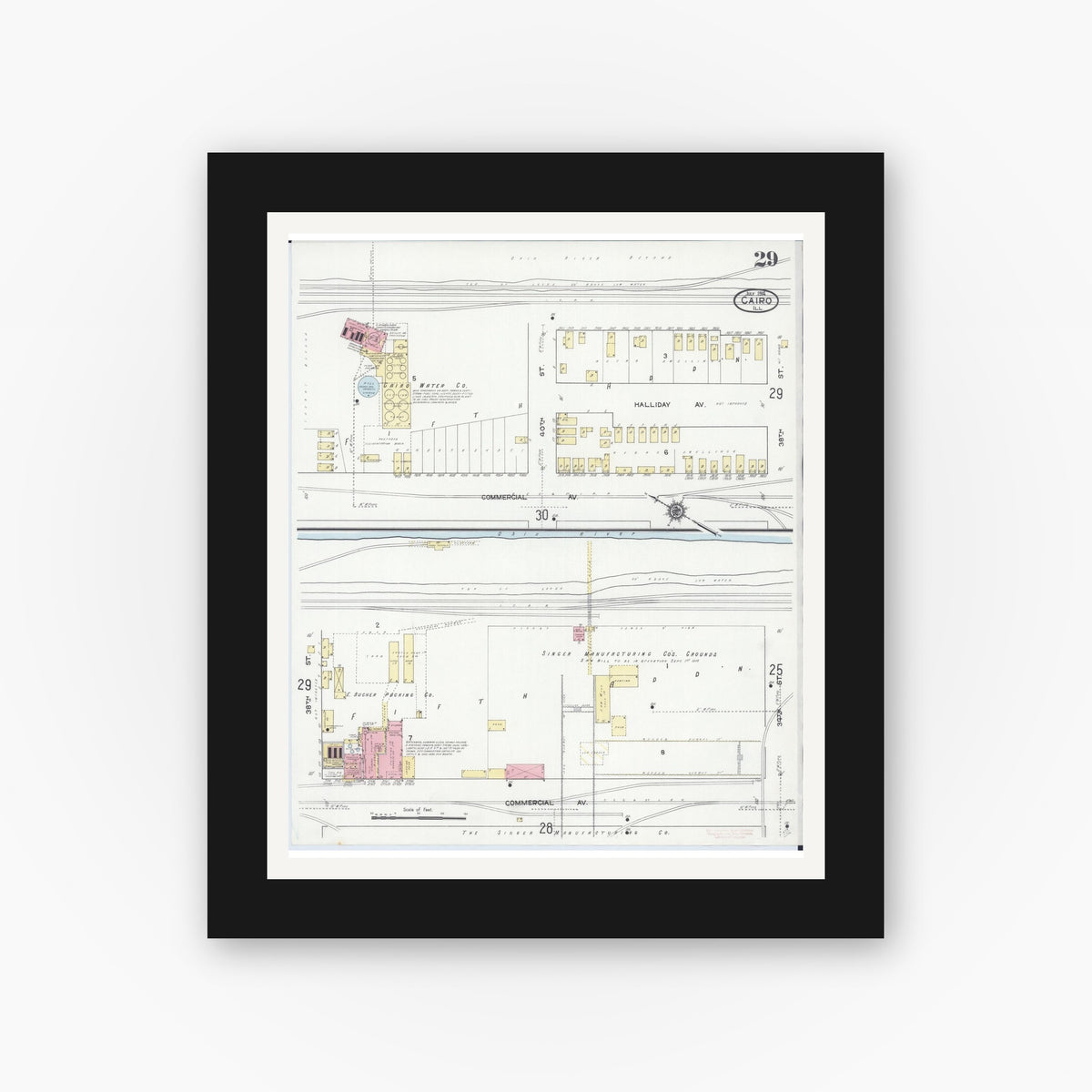 Old map wall art mockup — black gallery frame with white mat — Sanborn Fire Insurance Map from Cairo, Alexander County, Illinois (1914), Sheet #0029