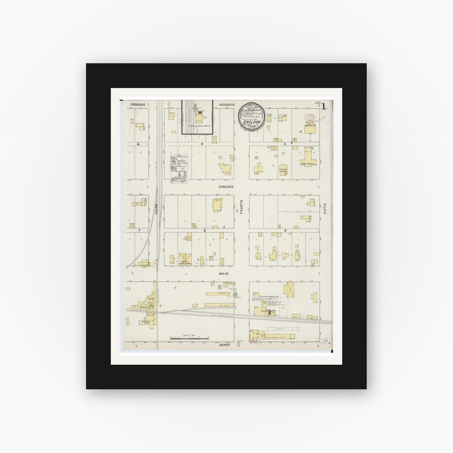 Old map wall art mockup — black gallery frame with white mat — Sanborn Fire Insurance Map from Sheldon, Iroquois County, Illinois (1895) - Complete Map Set