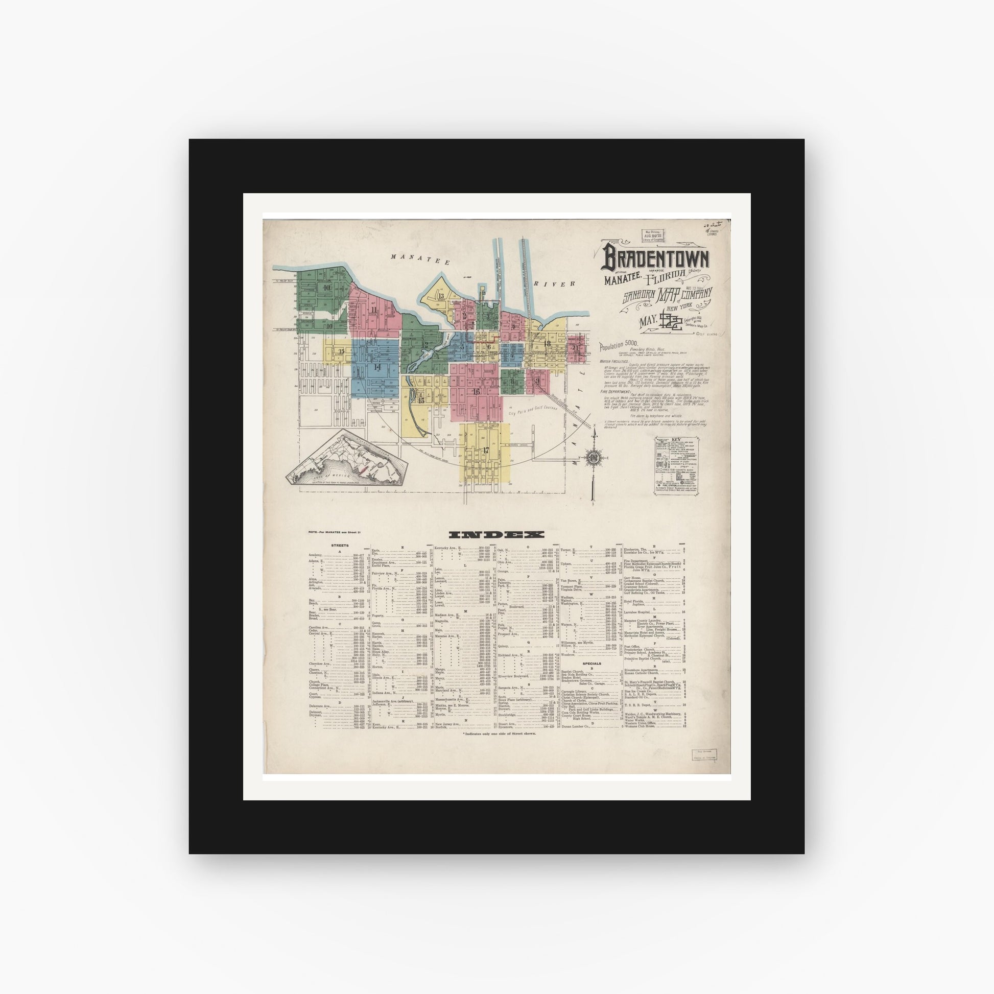 Old map wall art mockup — black gallery frame with white mat — Sanborn Fire Insurance Map from Bradentown, Manatee County, Florida (1922), Sheet #0001