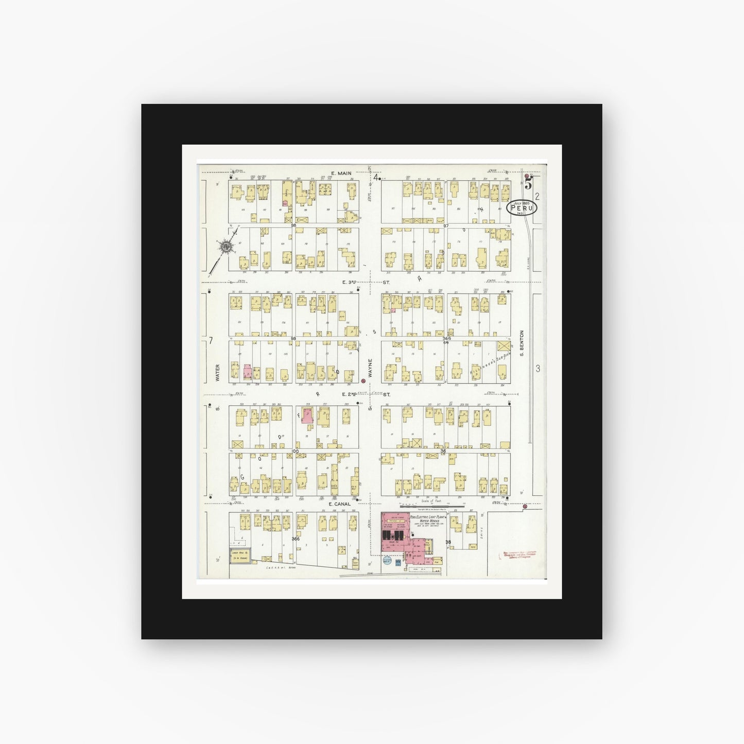 Old map wall art mockup — black gallery frame with white mat — Sanborn Fire Insurance Map from Peru, Miami County, Indiana (1920), Sheet #0005