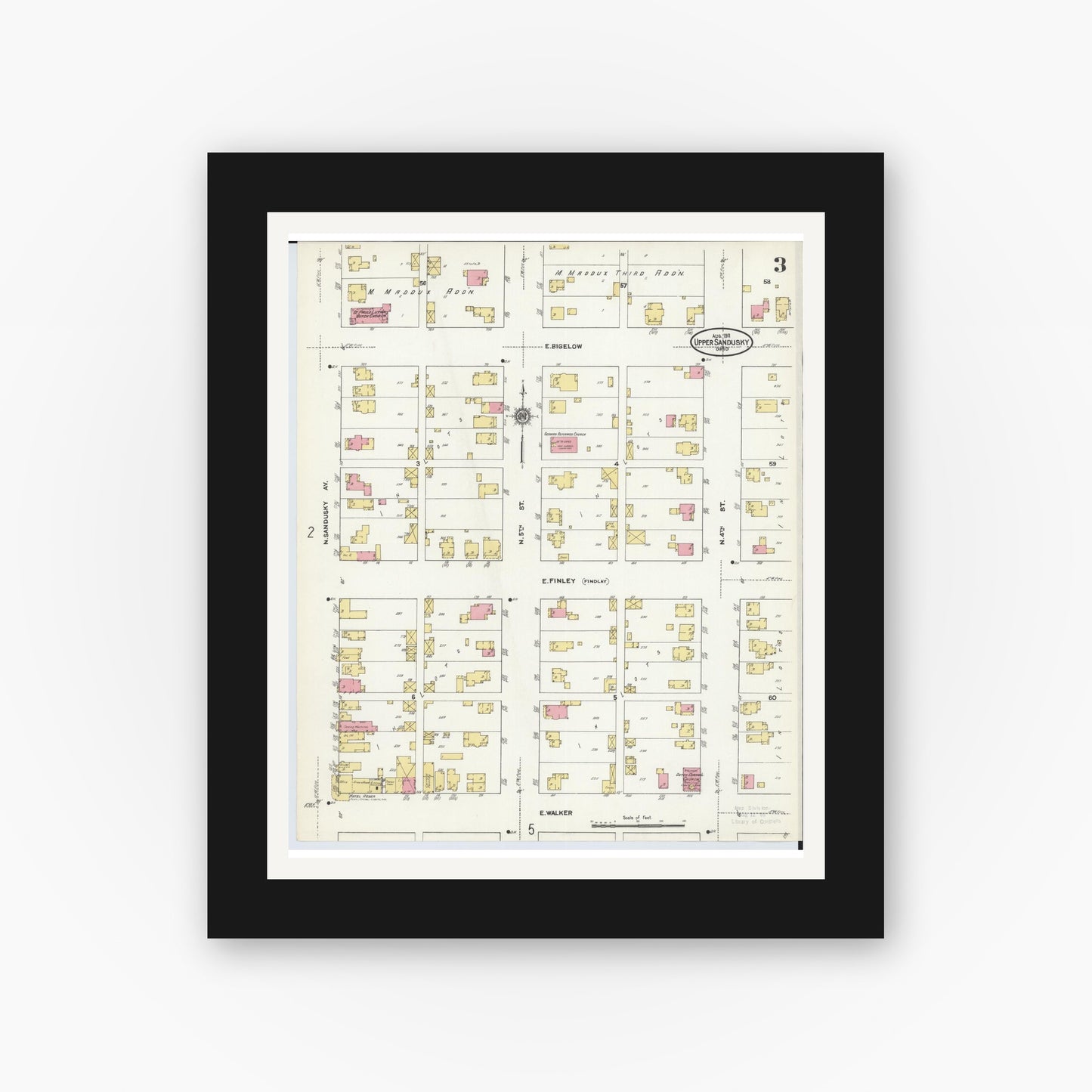Old map wall art mockup — black gallery frame with white mat — Sanborn Fire Insurance Map from Upper Sandusky, Wyandot County, Ohio (1911), Sheet #0003