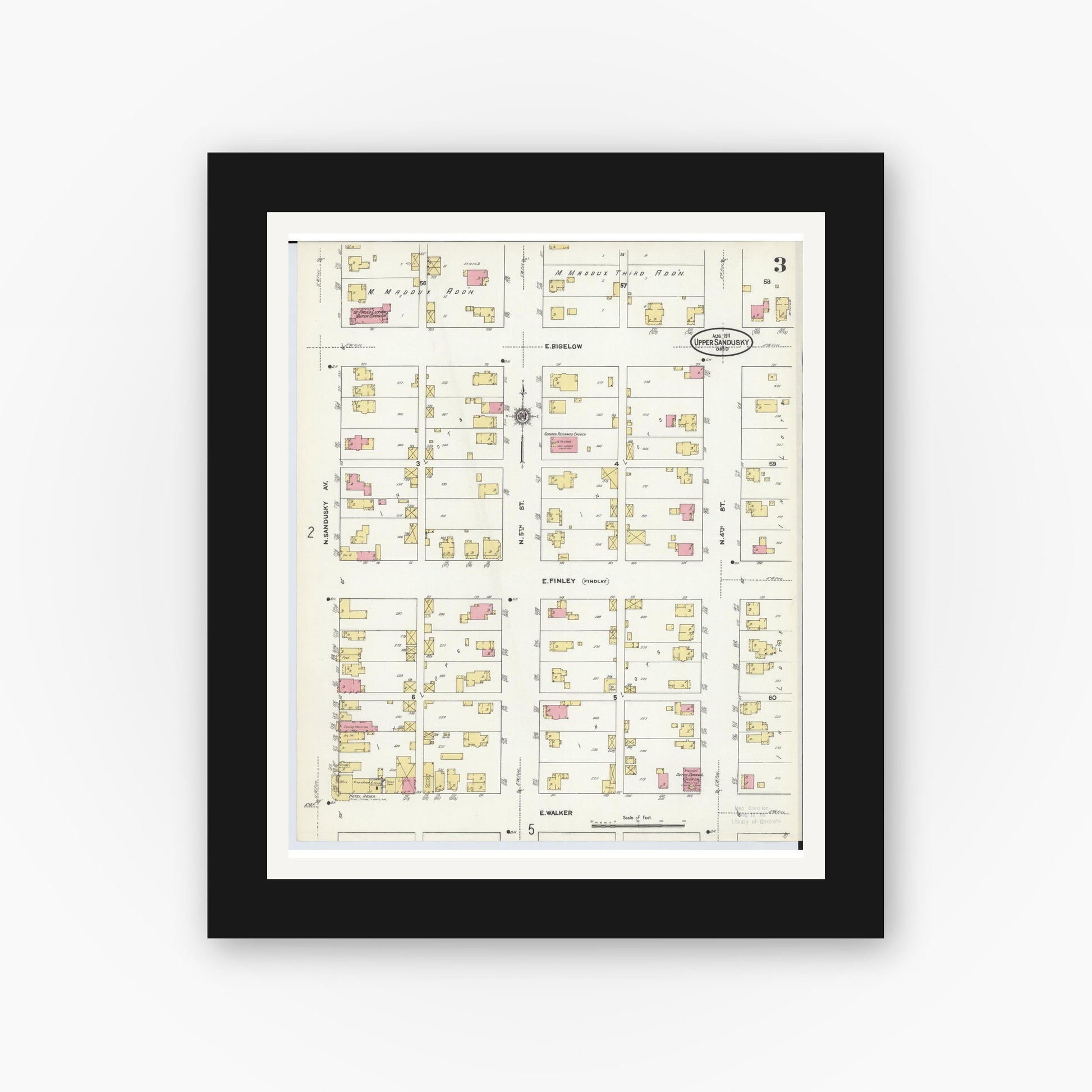 Old map wall art mockup — black gallery frame with white mat — Sanborn Fire Insurance Map from Upper Sandusky, Wyandot County, Ohio (1911), Sheet #0003