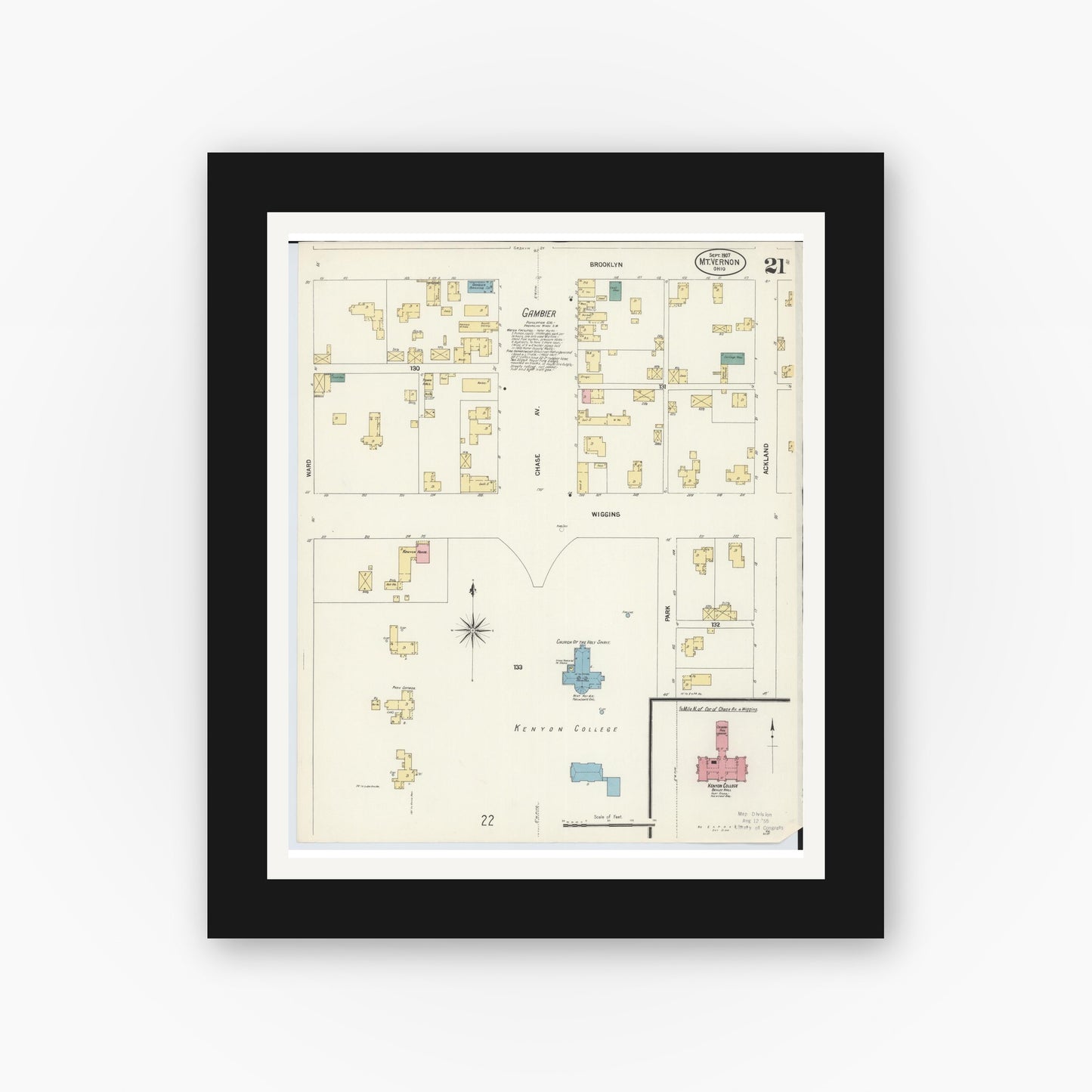 Old map wall art mockup — black gallery frame with white mat — Sanborn Fire Insurance Map from Mount Vernon, Knox County, Ohio (1907), Sheet #0021