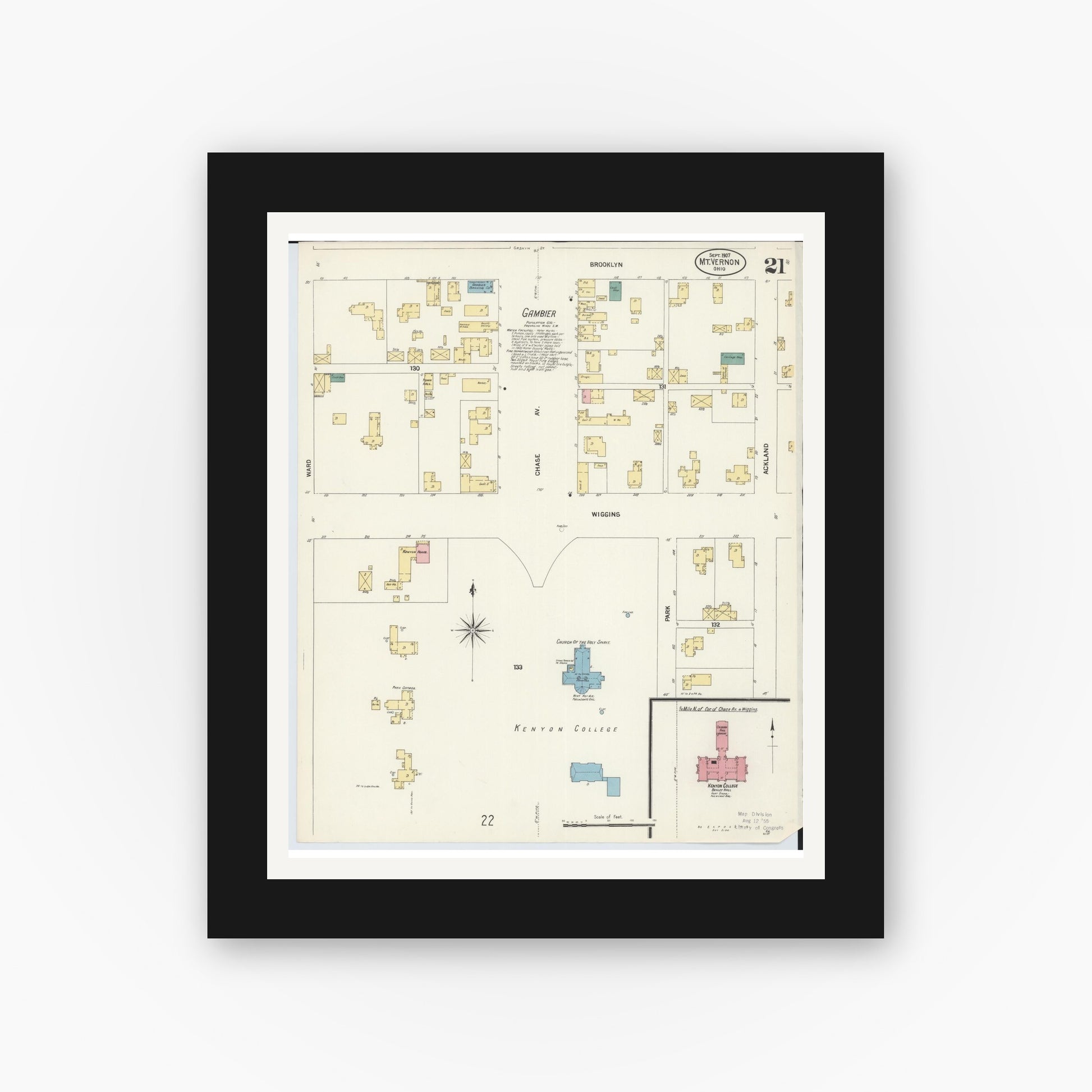 Old map wall art mockup — black gallery frame with white mat — Sanborn Fire Insurance Map from Mount Vernon, Knox County, Ohio (1907), Sheet #0021