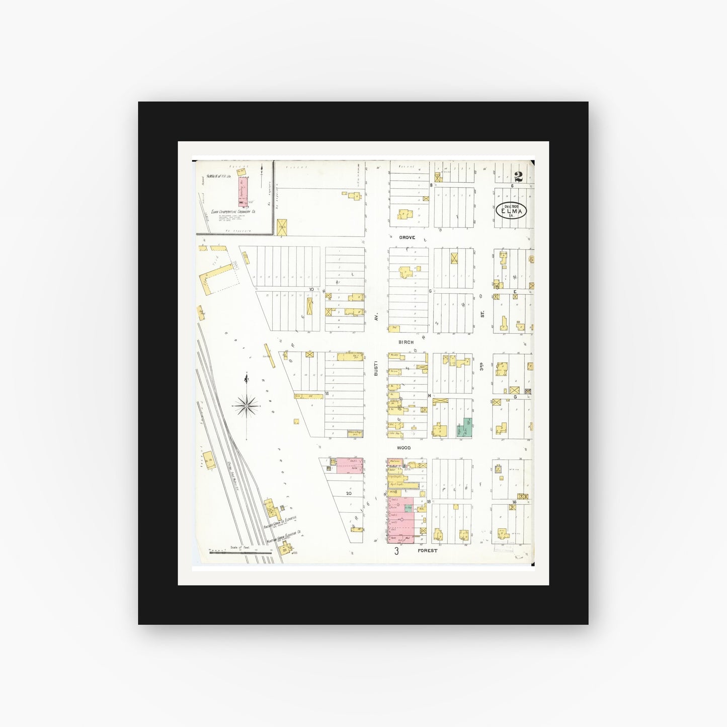 Old map wall art mockup — black gallery frame with white mat — Sanborn Fire Insurance Map from Elma, Howard County, Iowa (1905), Sheet #0002