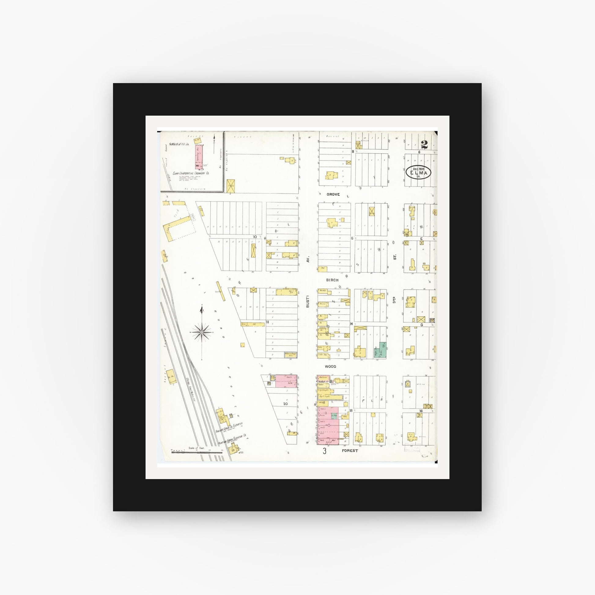 Old map wall art mockup — black gallery frame with white mat — Sanborn Fire Insurance Map from Elma, Howard County, Iowa (1905), Sheet #0002