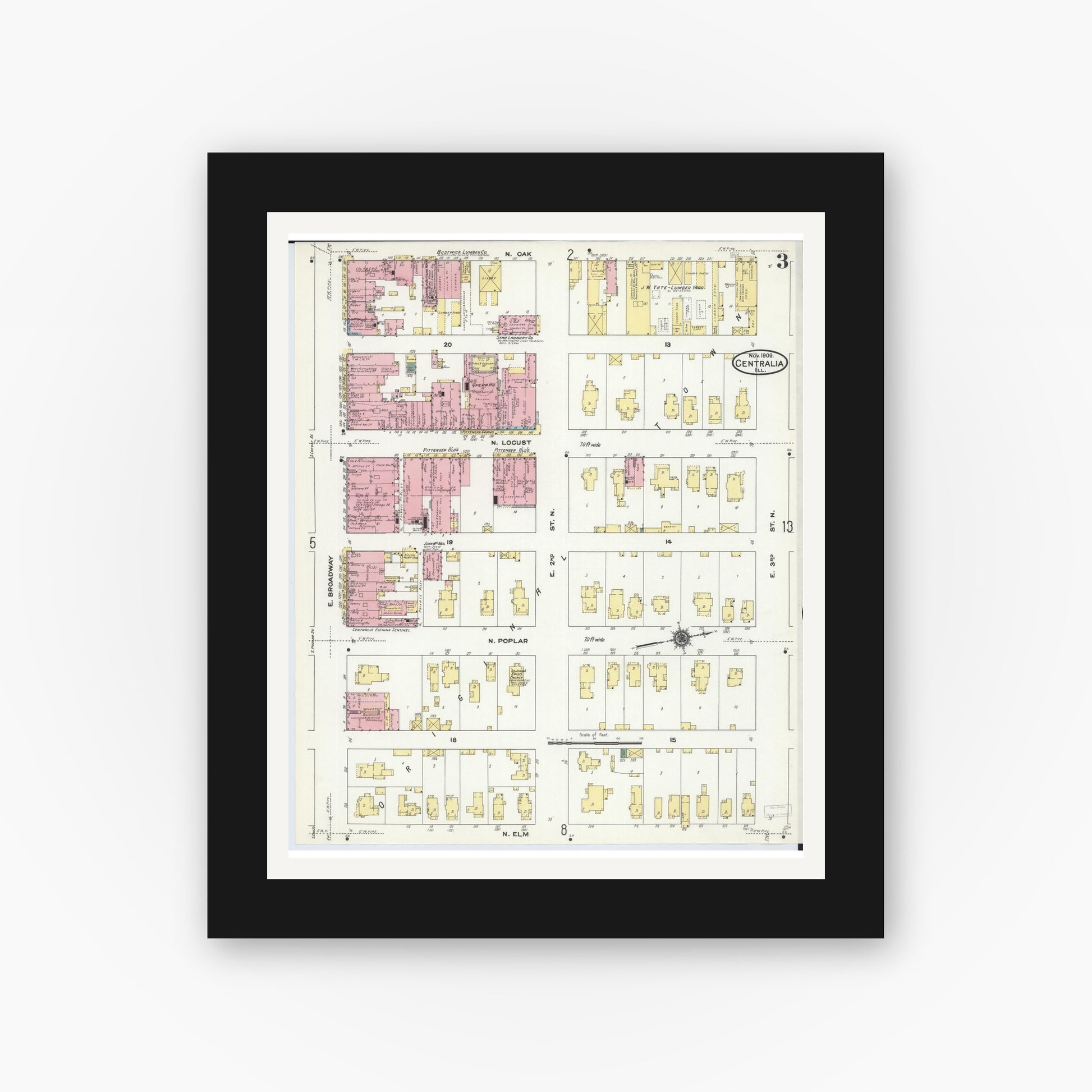 Old map wall art mockup — black gallery frame with white mat — Sanborn Fire Insurance Map from Centralia, Marion, Clinton, Jefferson, and Washington Counties, Illinois (1909), Sheet #0003