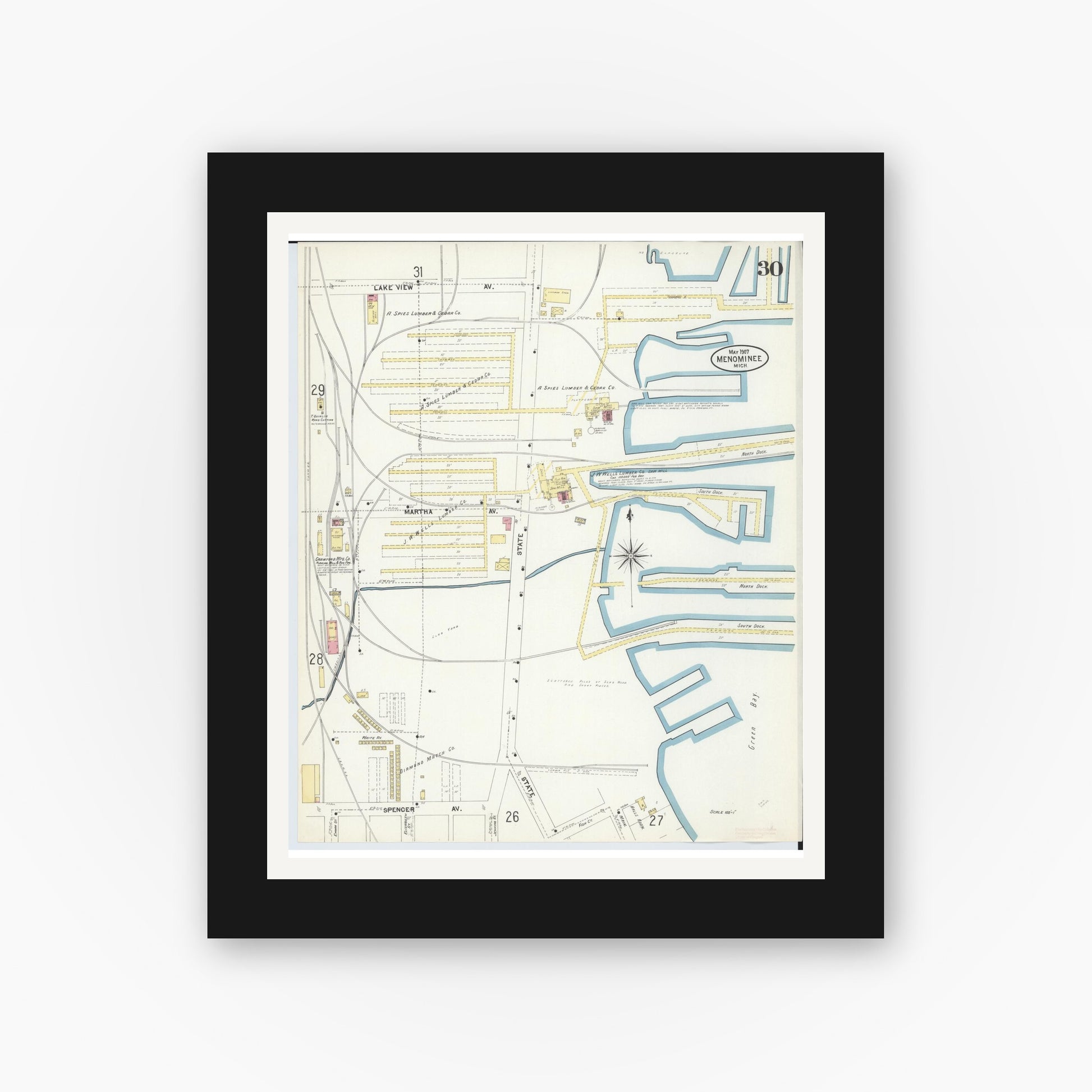 Old map wall art mockup — black gallery frame with white mat — Sanborn Fire Insurance Map from Menominee, Menominee County, Michigan (1907), Sheet #0030